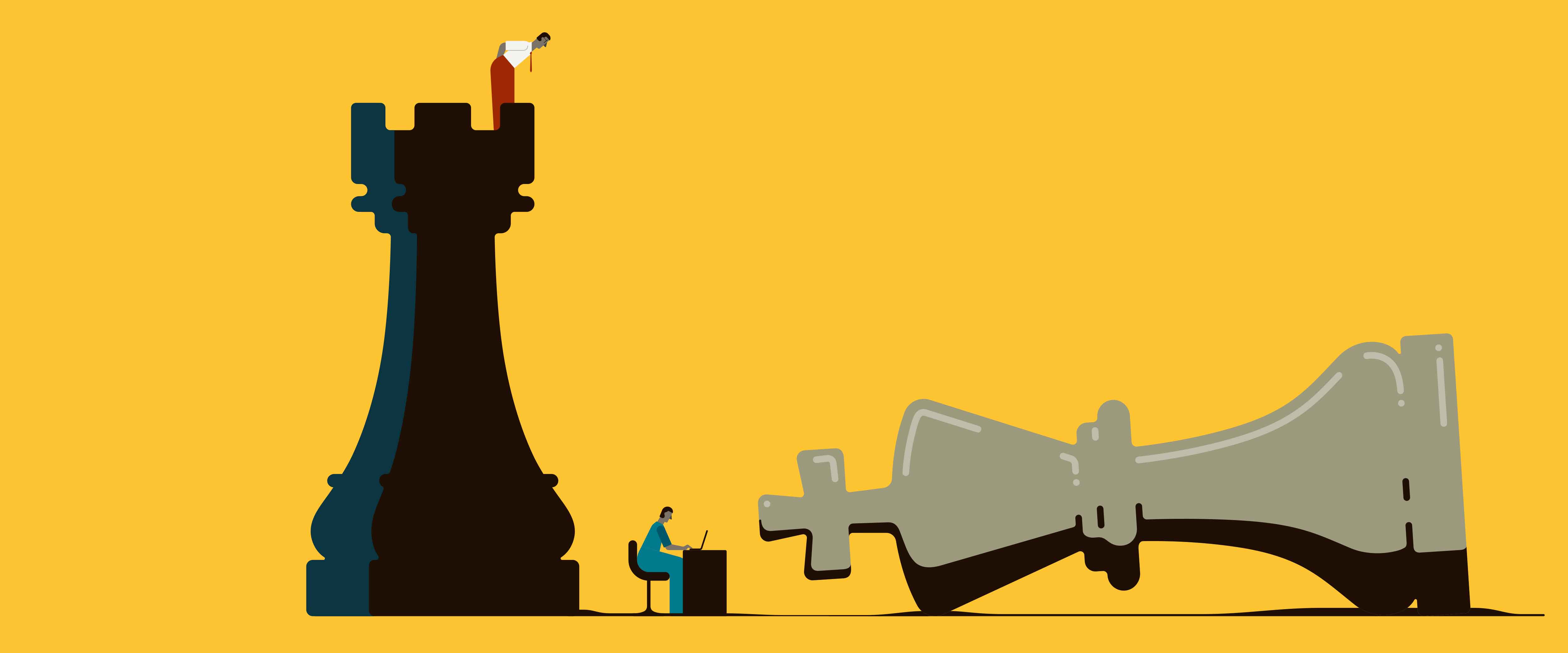 Person standing on chess rook watching another person