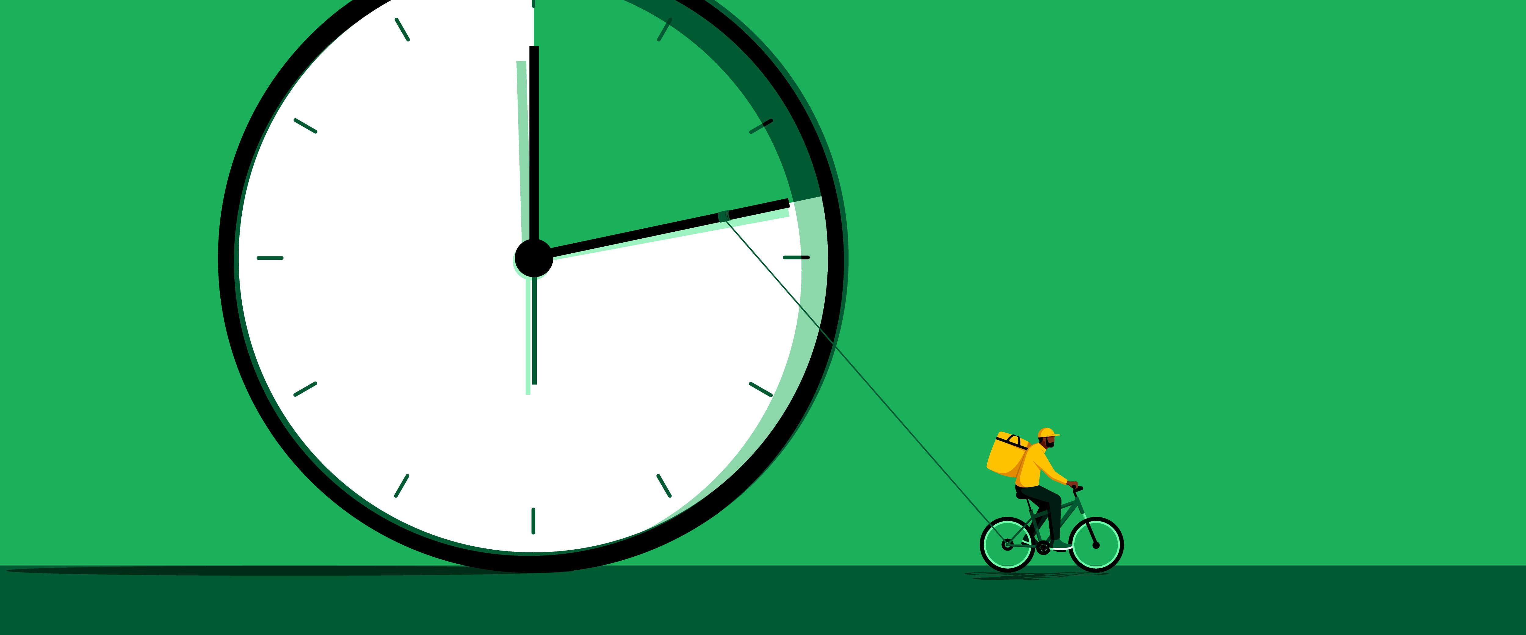 Delivery cyclist pulling clock hand