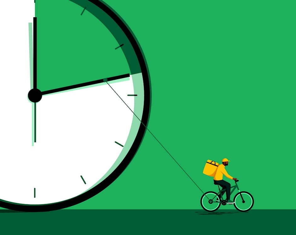 Delivery cyclist pulling clock hand