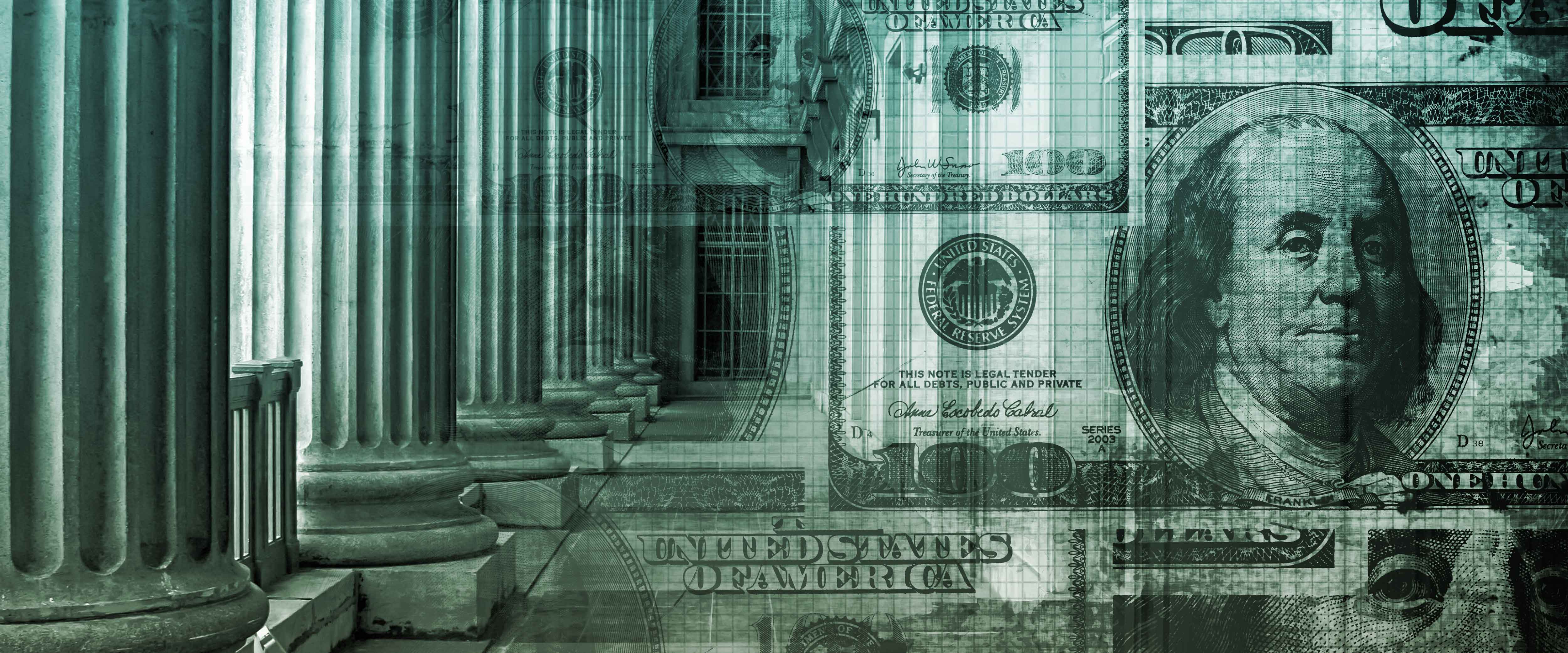 US government building and $100 bills