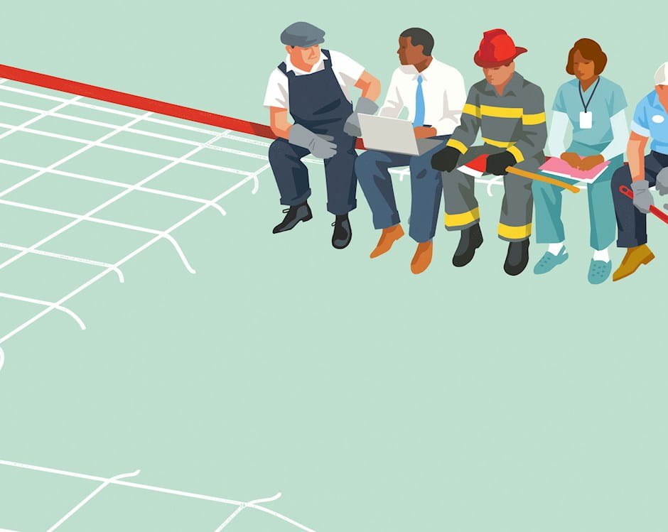 Workers sitting on edge of safety net