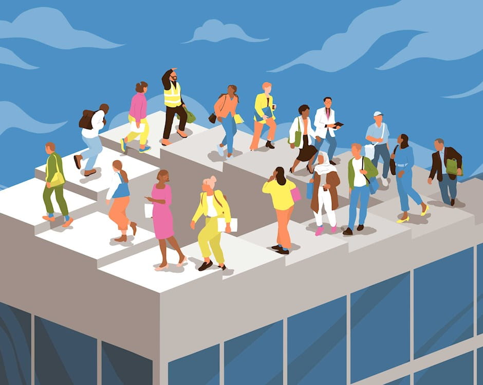 People walking up endless stairs on building top