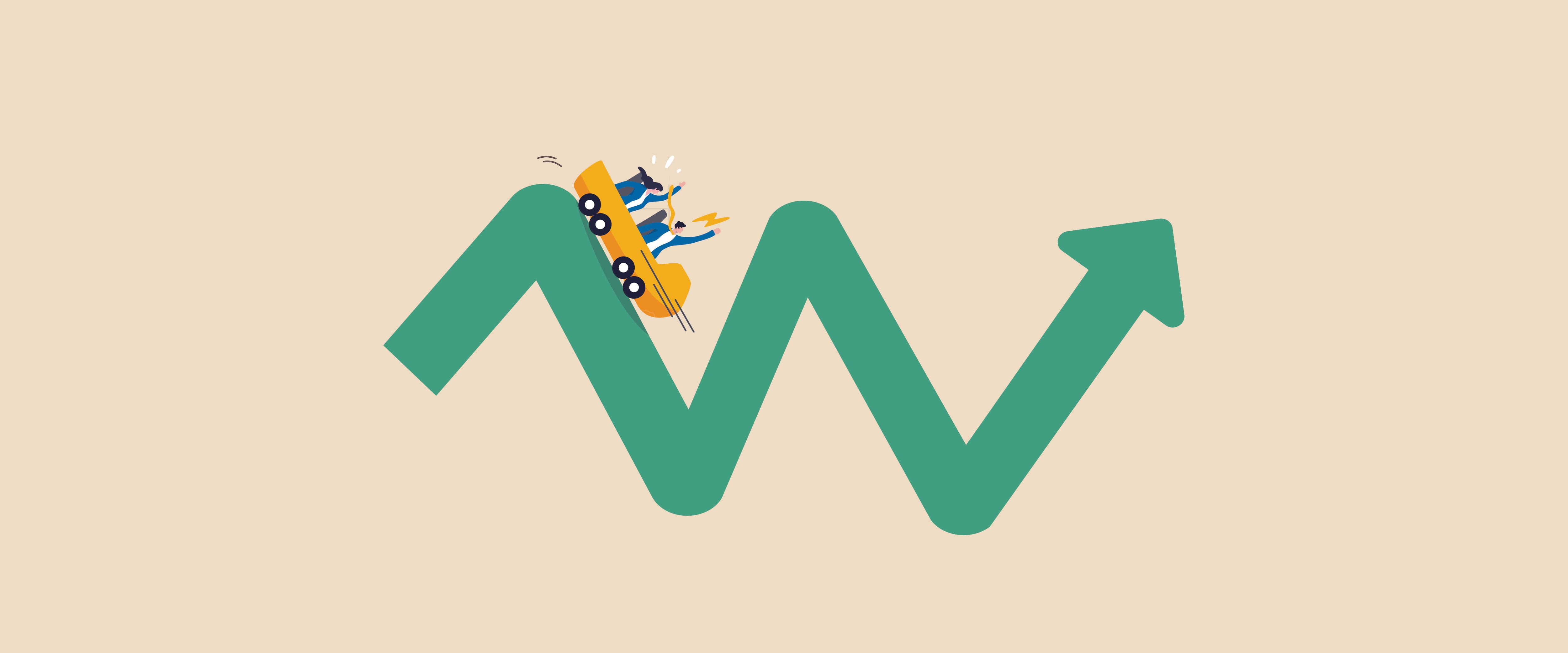 Man and woman in a car on an up-and-down arrow