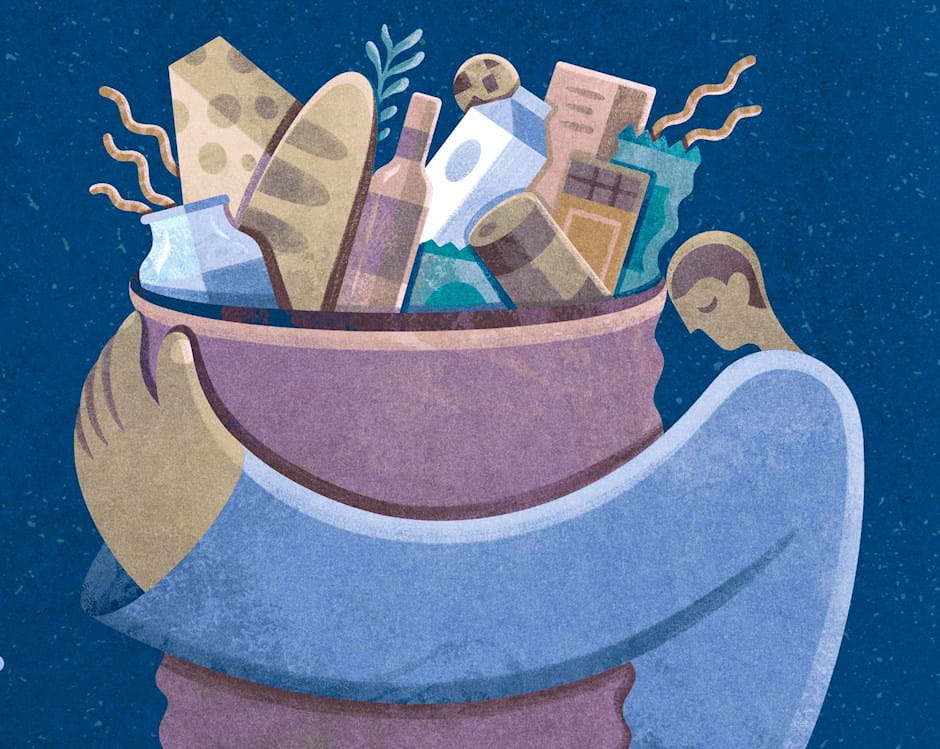 Sad person with bag of groceries