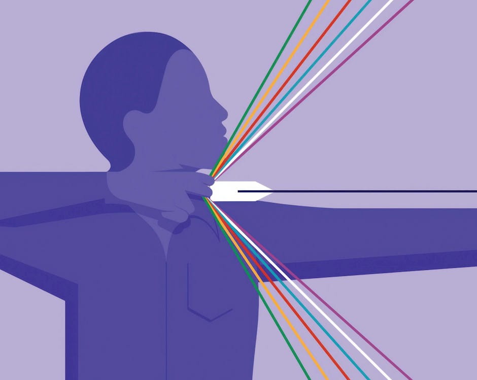 Archer pulling bow with many strings