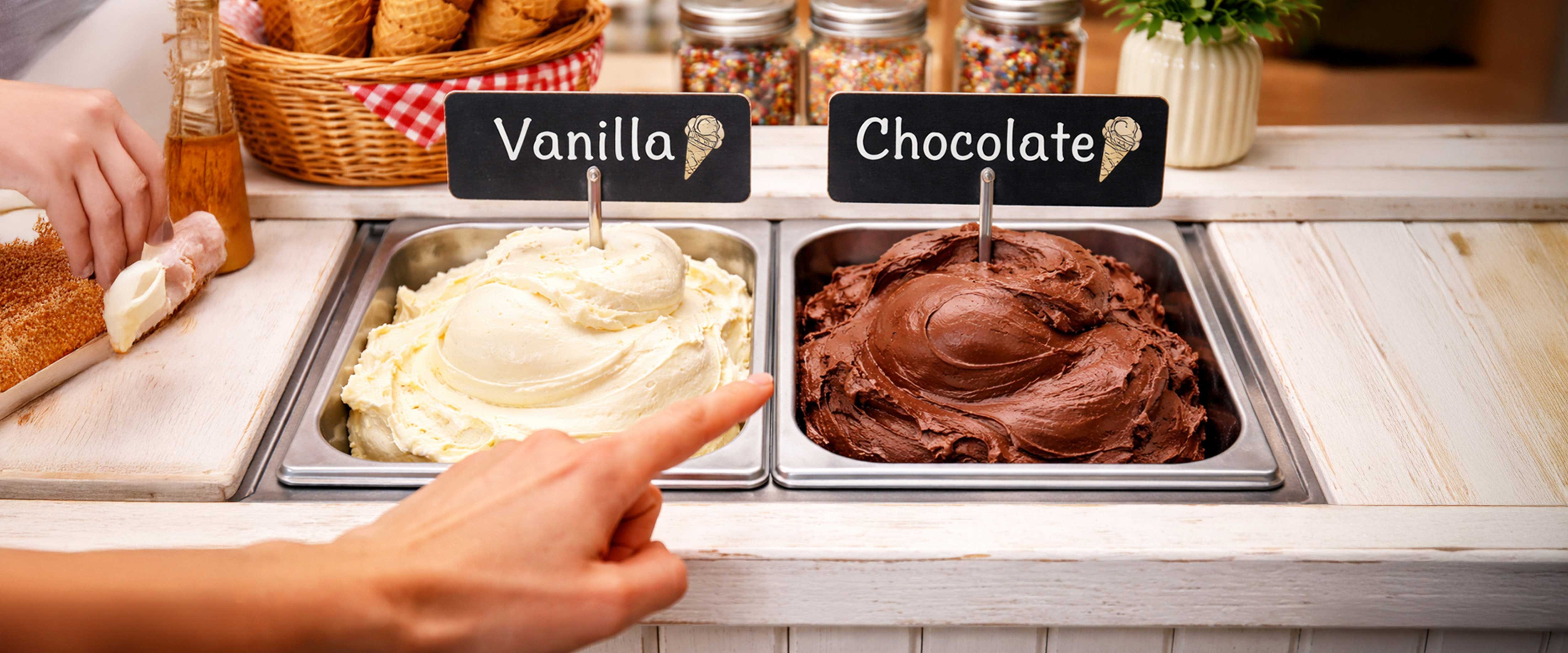 Hand pointing at ice cream