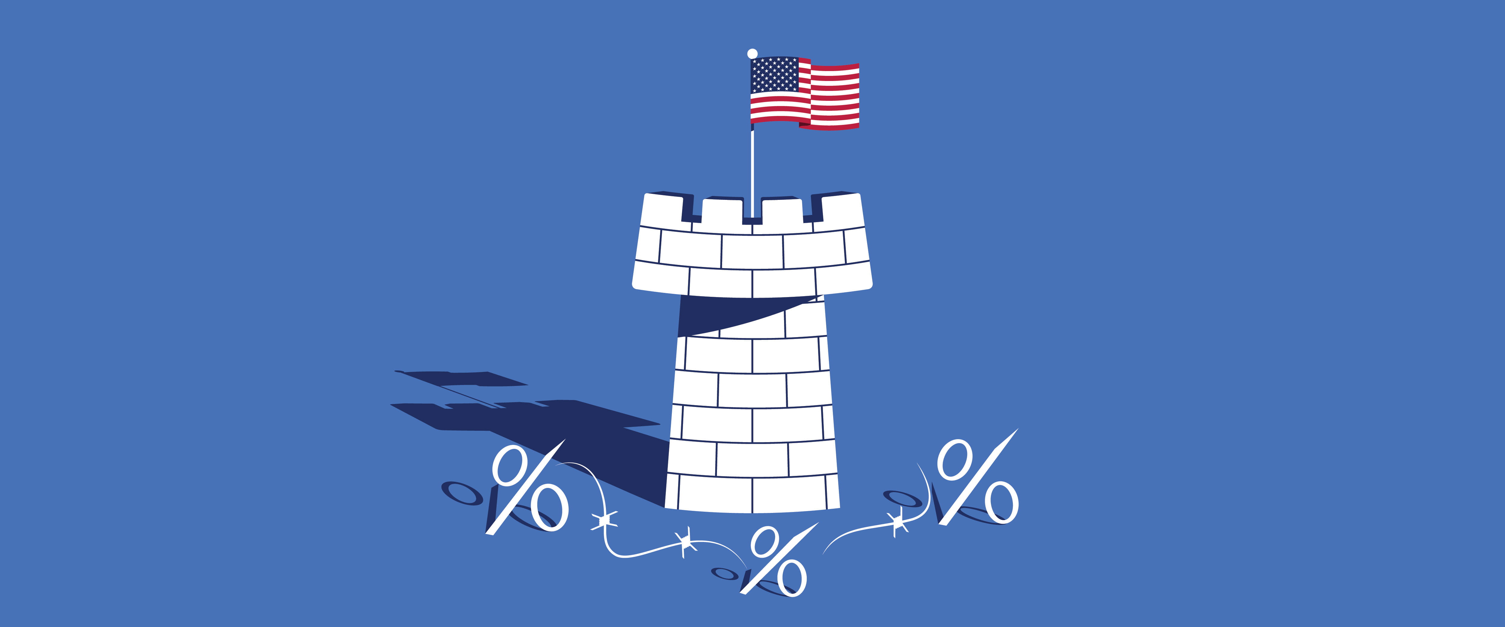 Stone tower with American flag and percentage symbols as barriers
