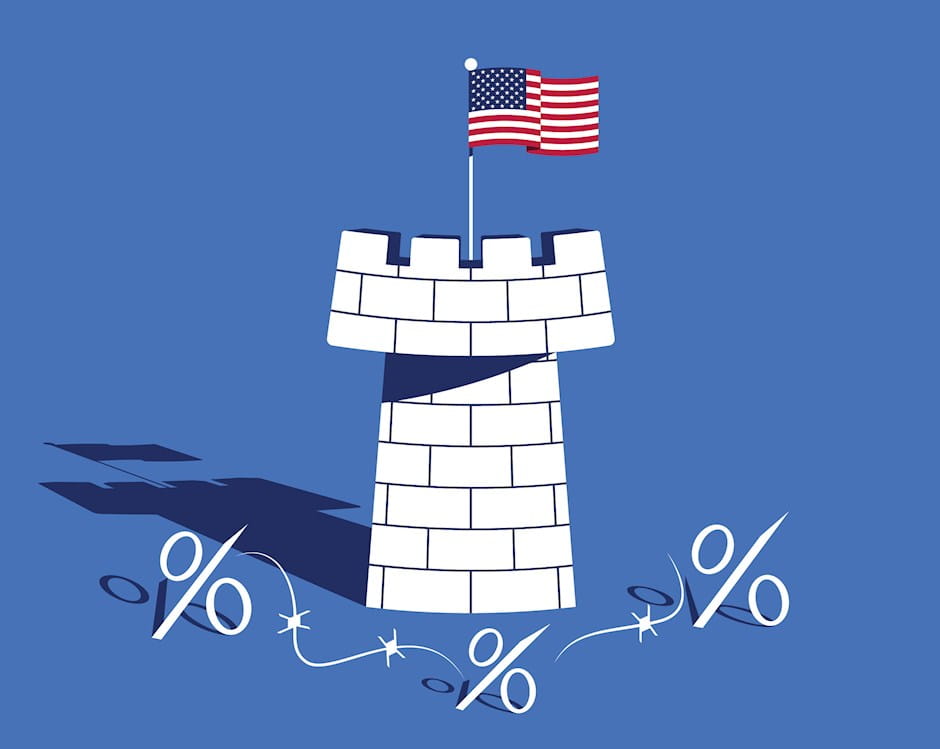Stone tower with American flag and percentage symbols as barriers