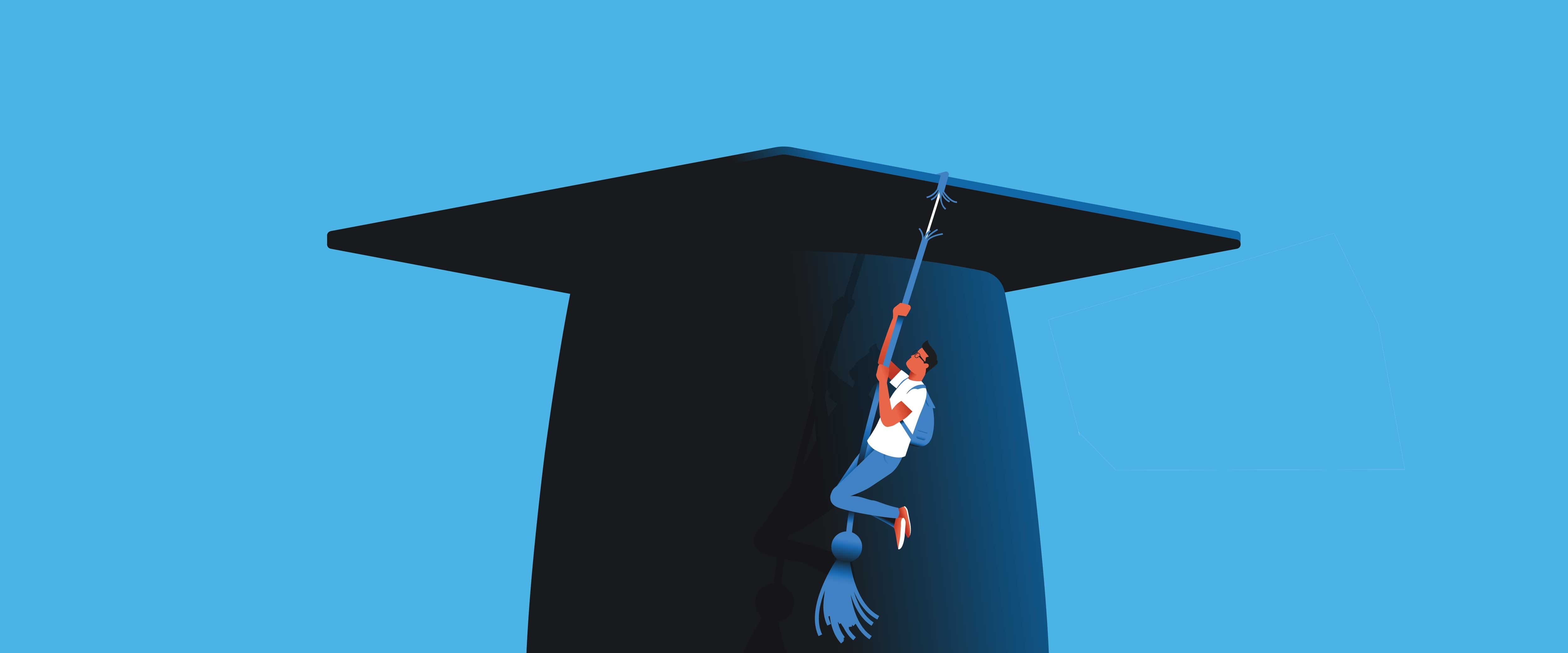 Student clinging to fraying tassel