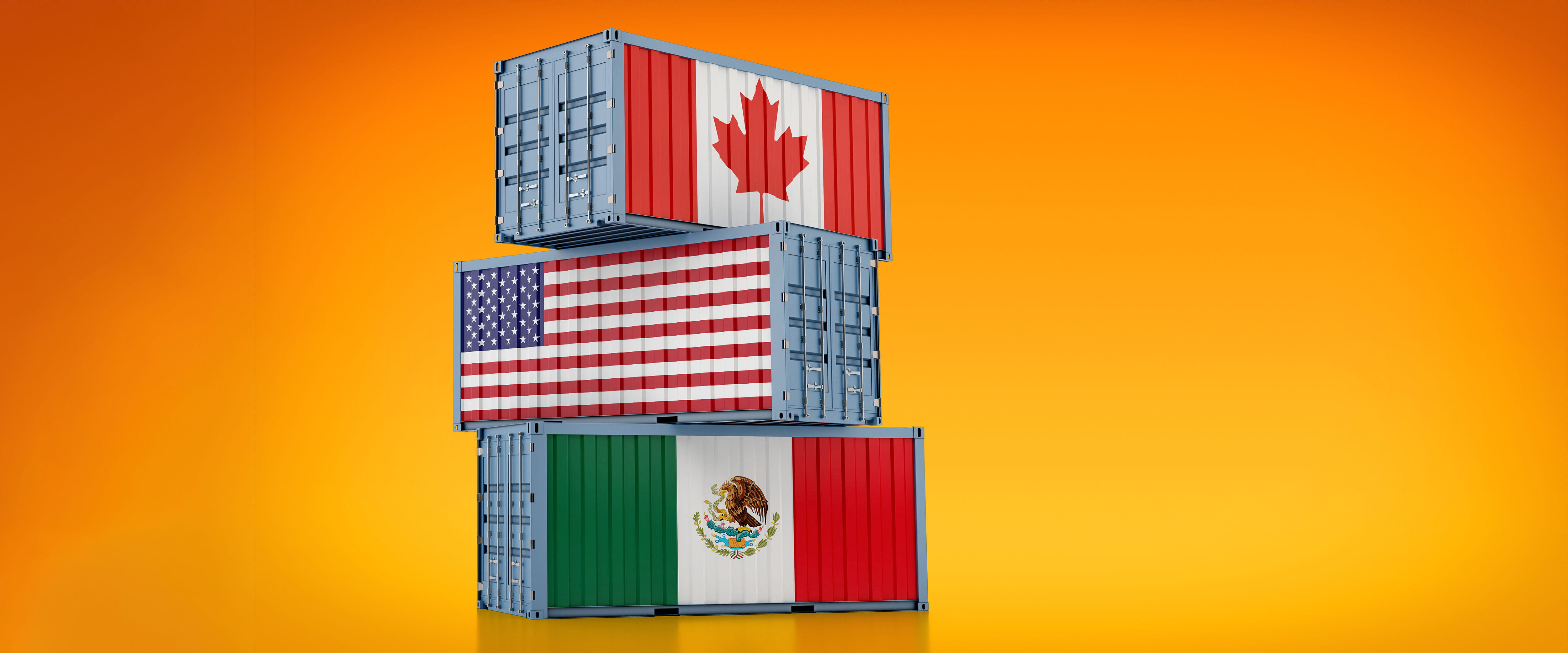 Shipping containers with the flags of Canada, the US, and Mexico