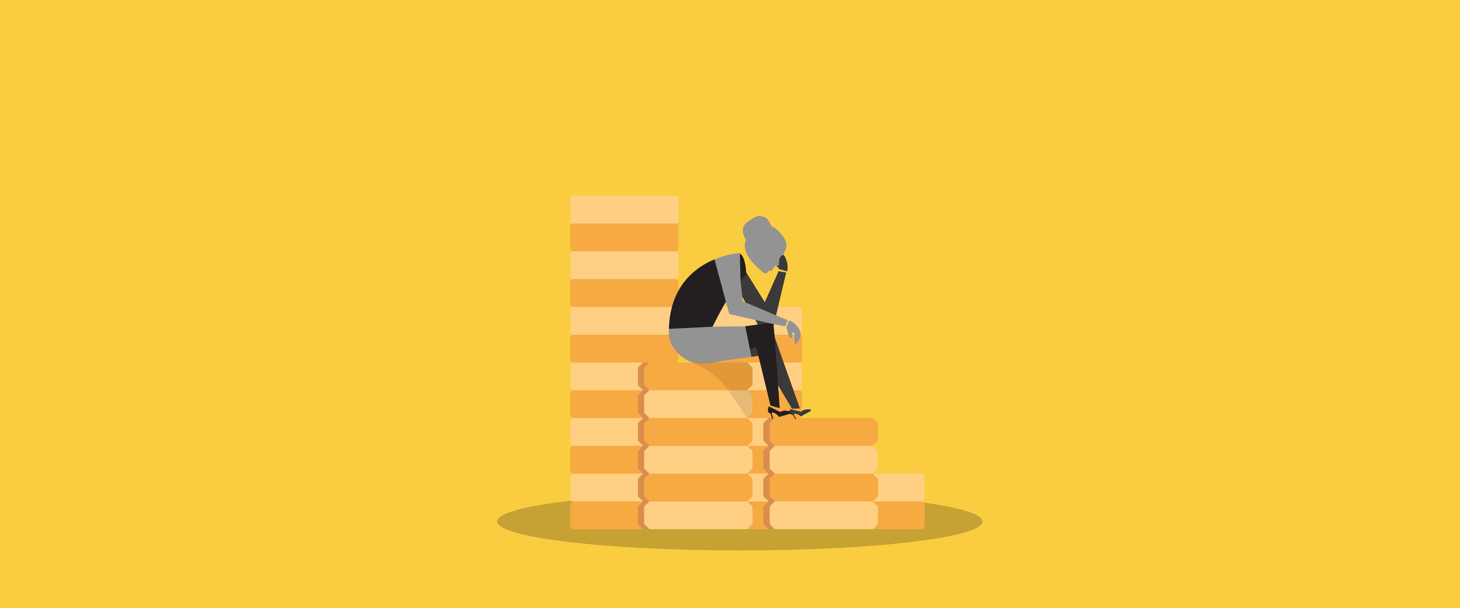 Woman sitting on giant stack of coins