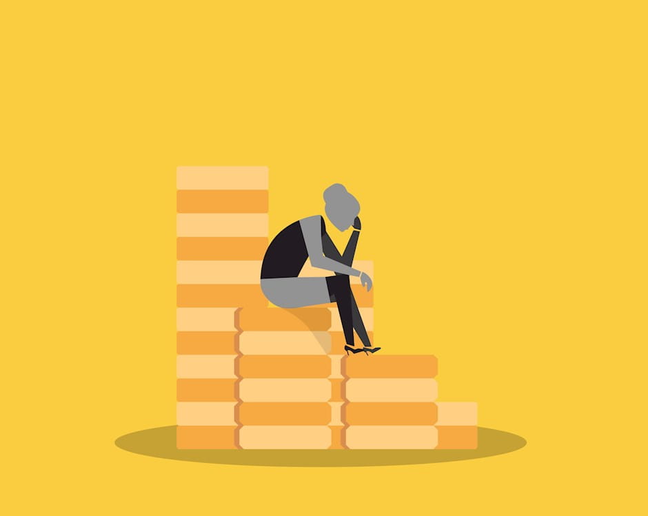 Woman sitting on giant stack of coins