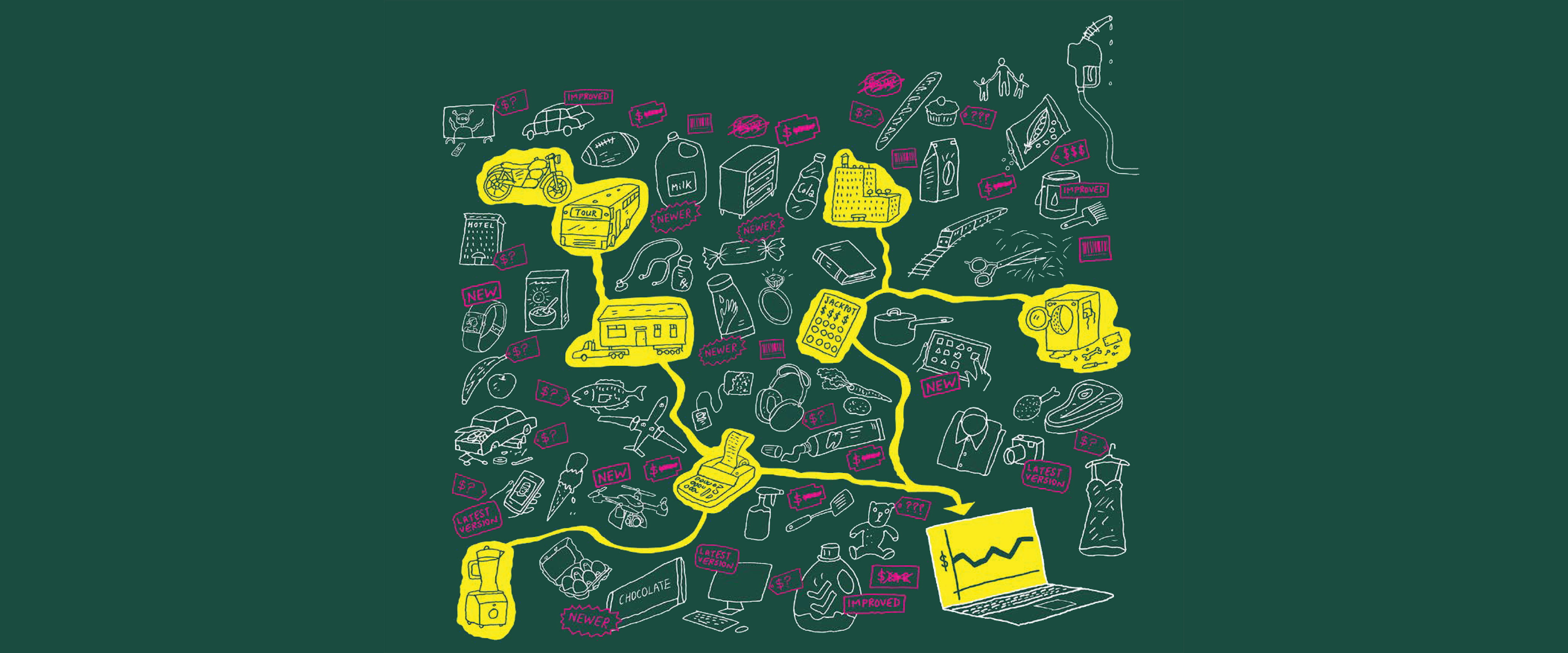 Chalkboard-style drawing of consumer products