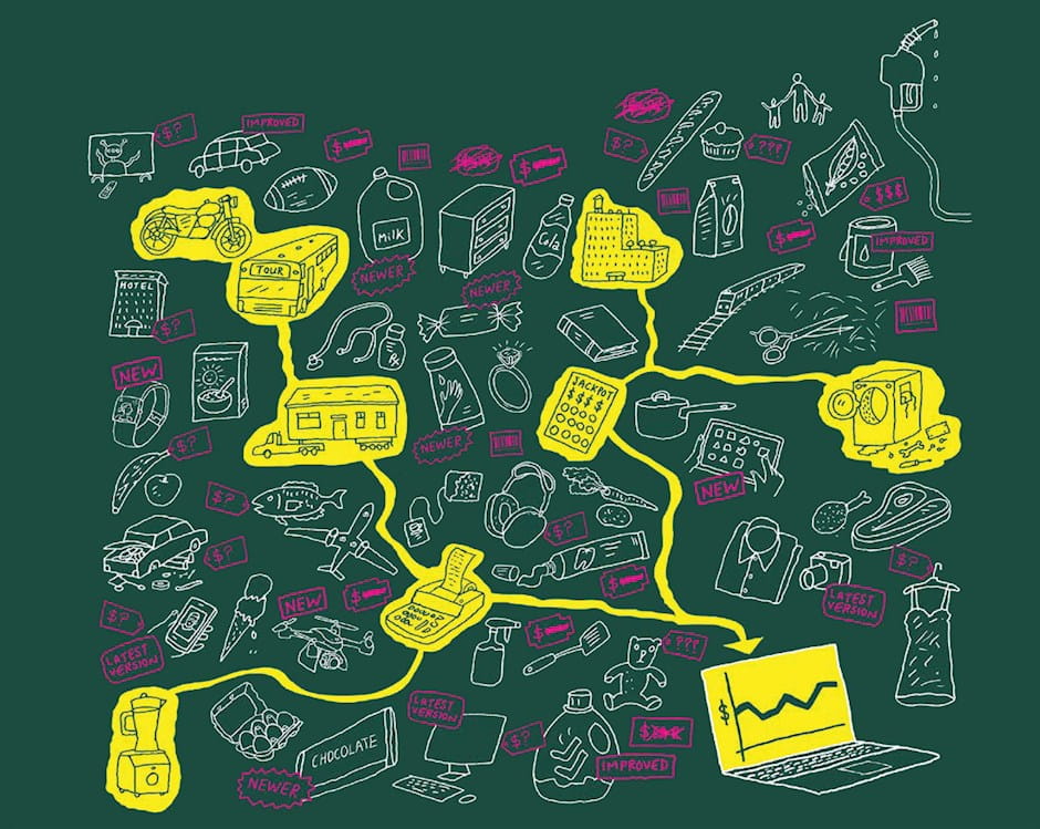 Chalkboard-style drawing of consumer products