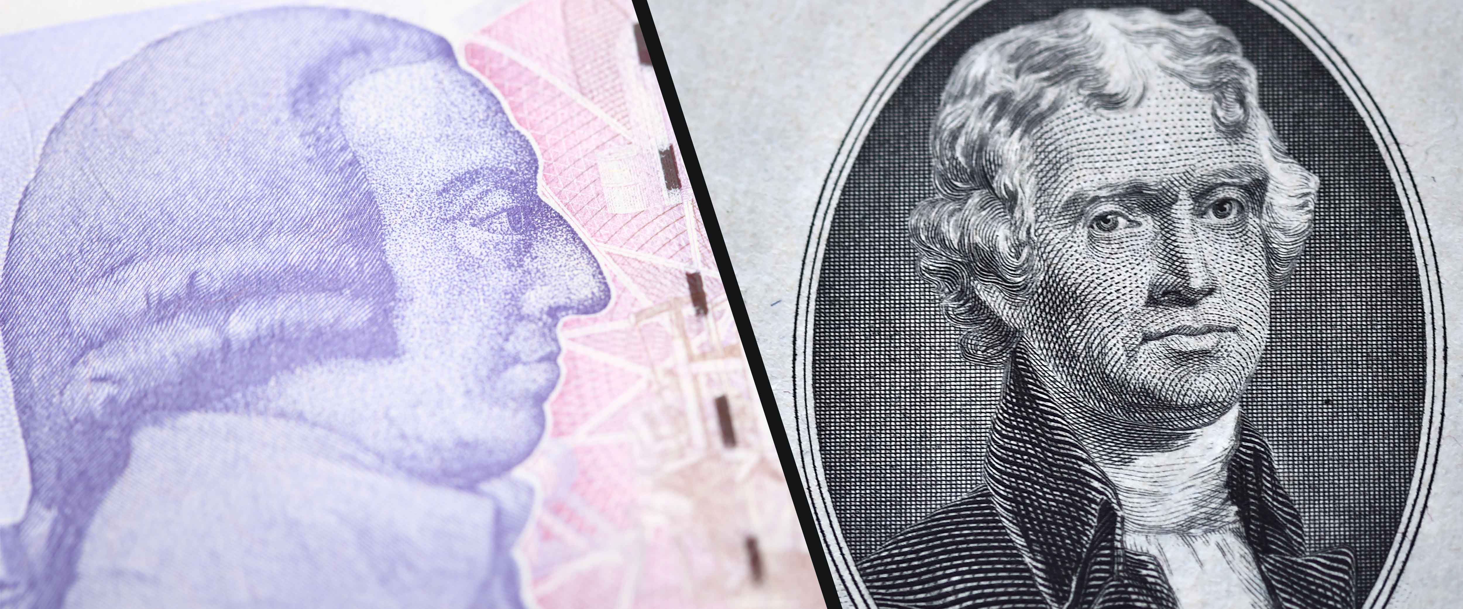 Portraits of Adam Smith and Thomas Jefferson on currency