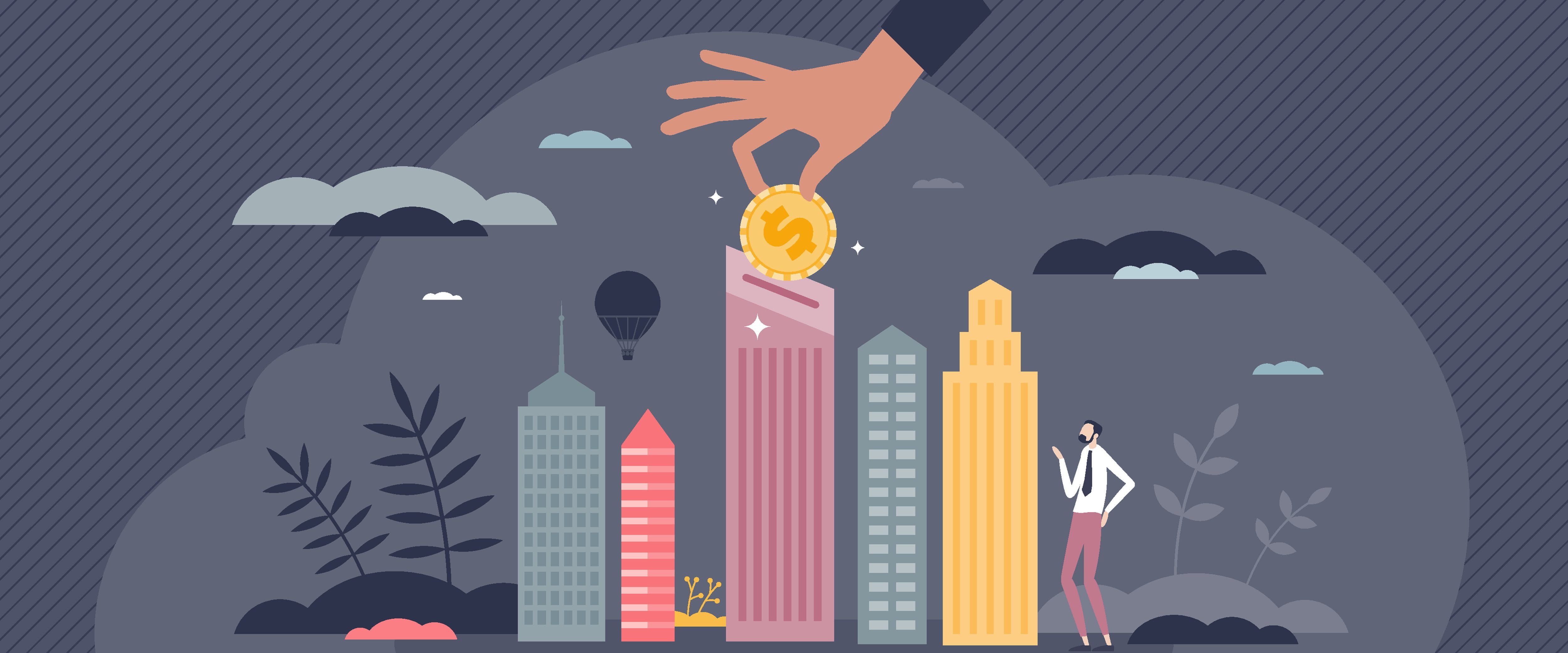 Hand dropping money into office building