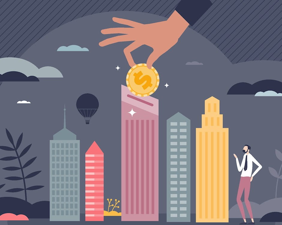 Hand dropping money into office building