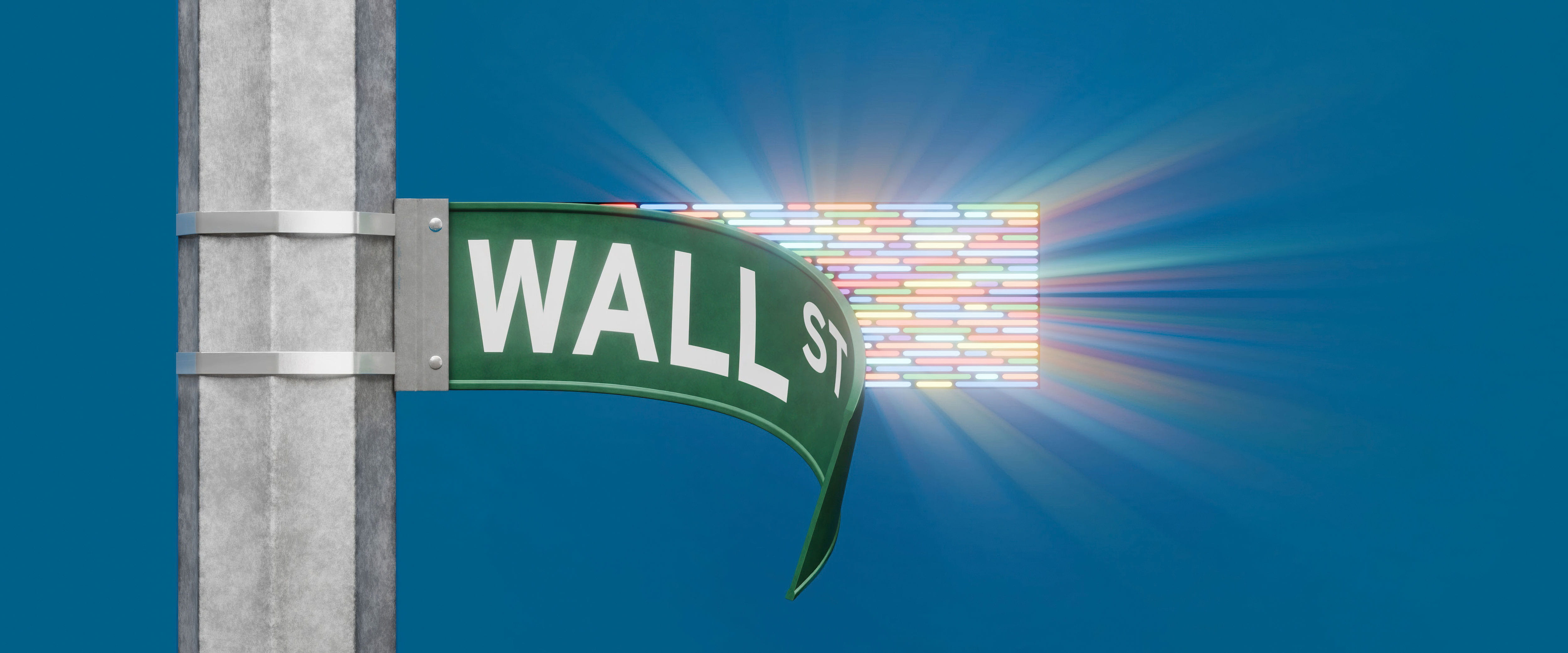 Wall Street sign peeled back to reveal digital grid