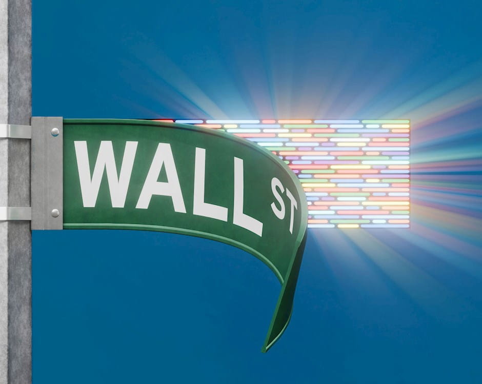 Wall Street sign peeled back to reveal digital grid