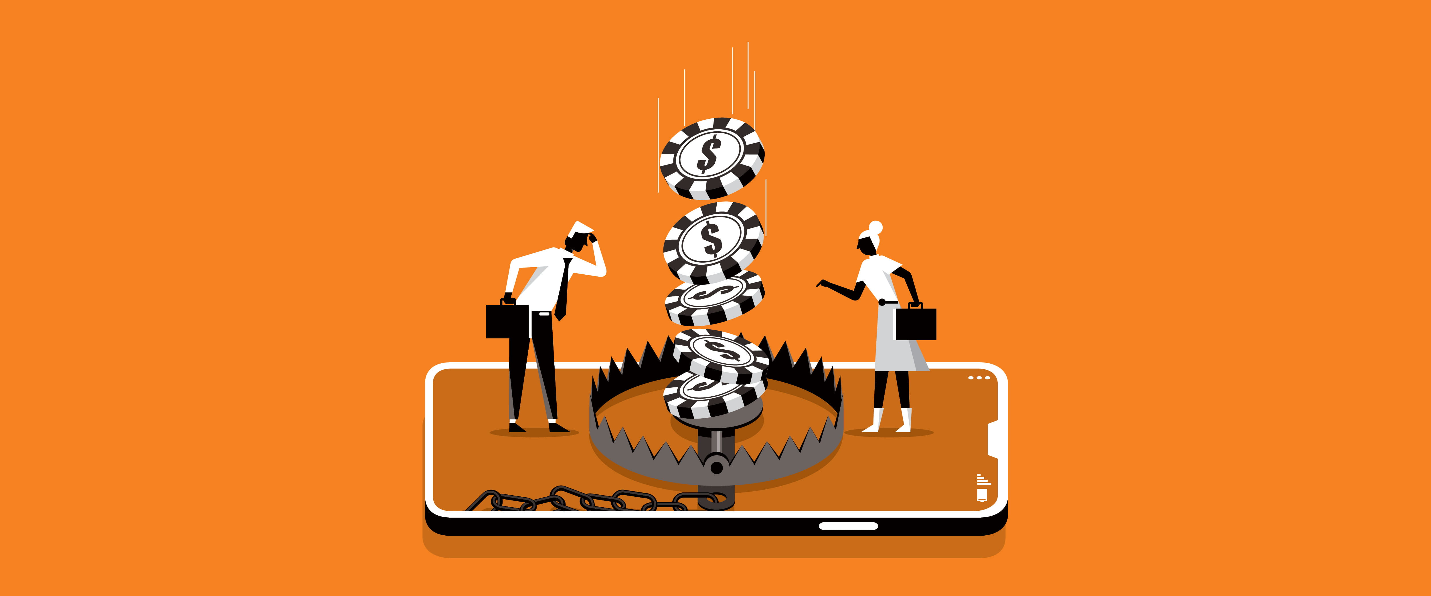 Smartphone, bear trap, and gambling chips