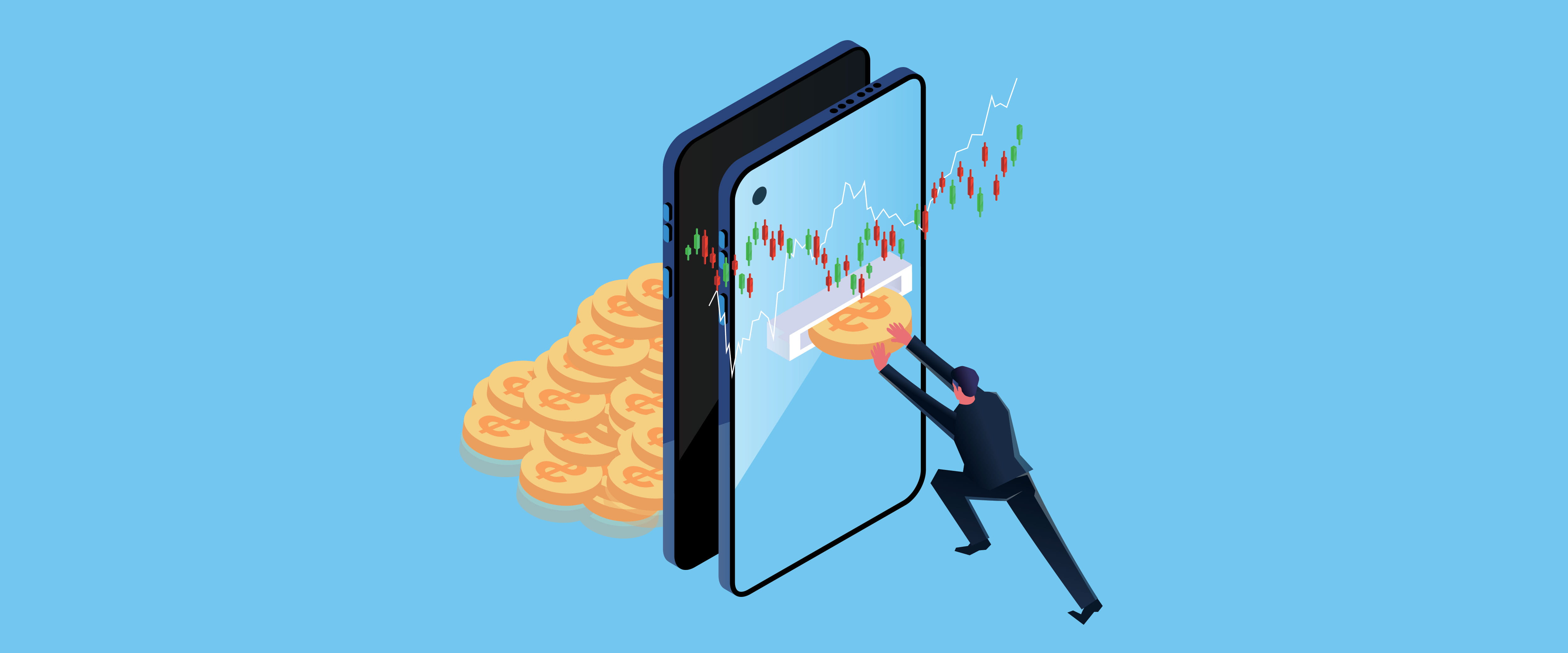 Man pushing money into phone screen