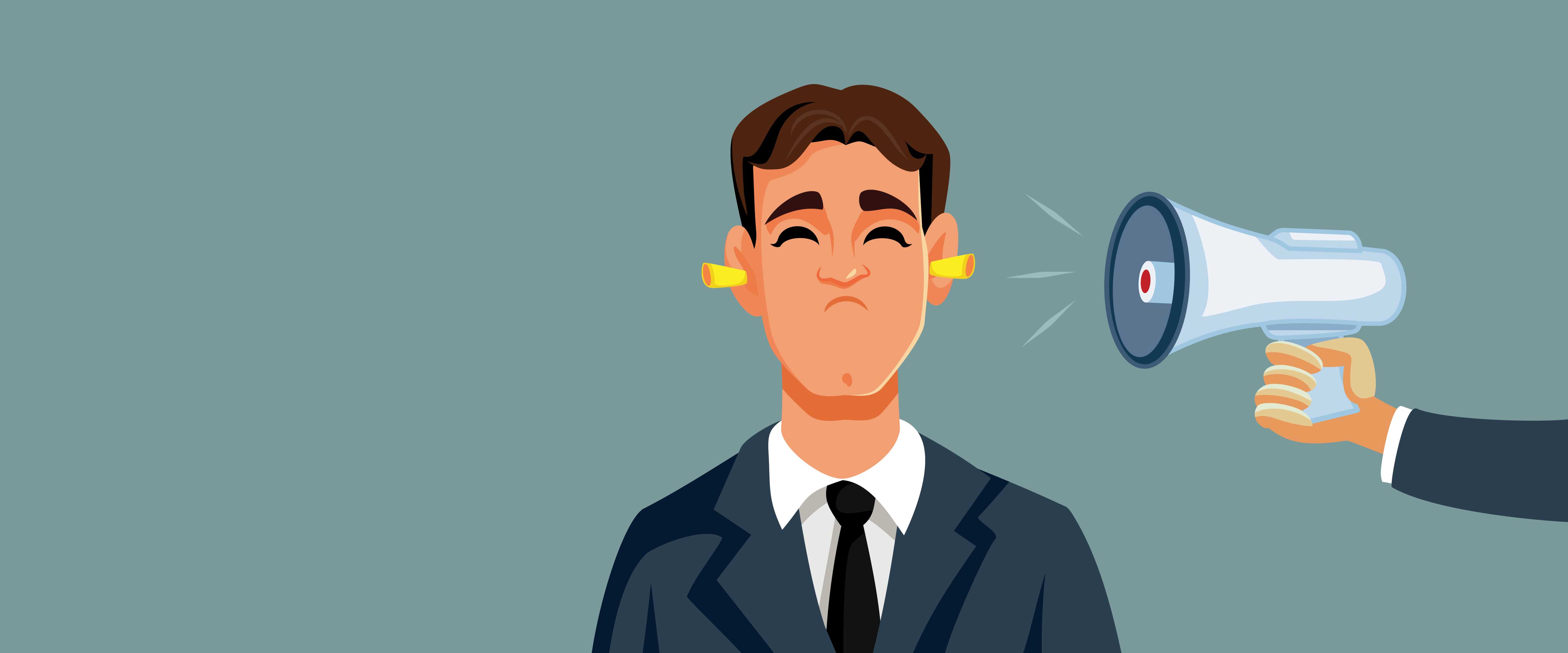 Man wearing earplugs ignoring bullhorn