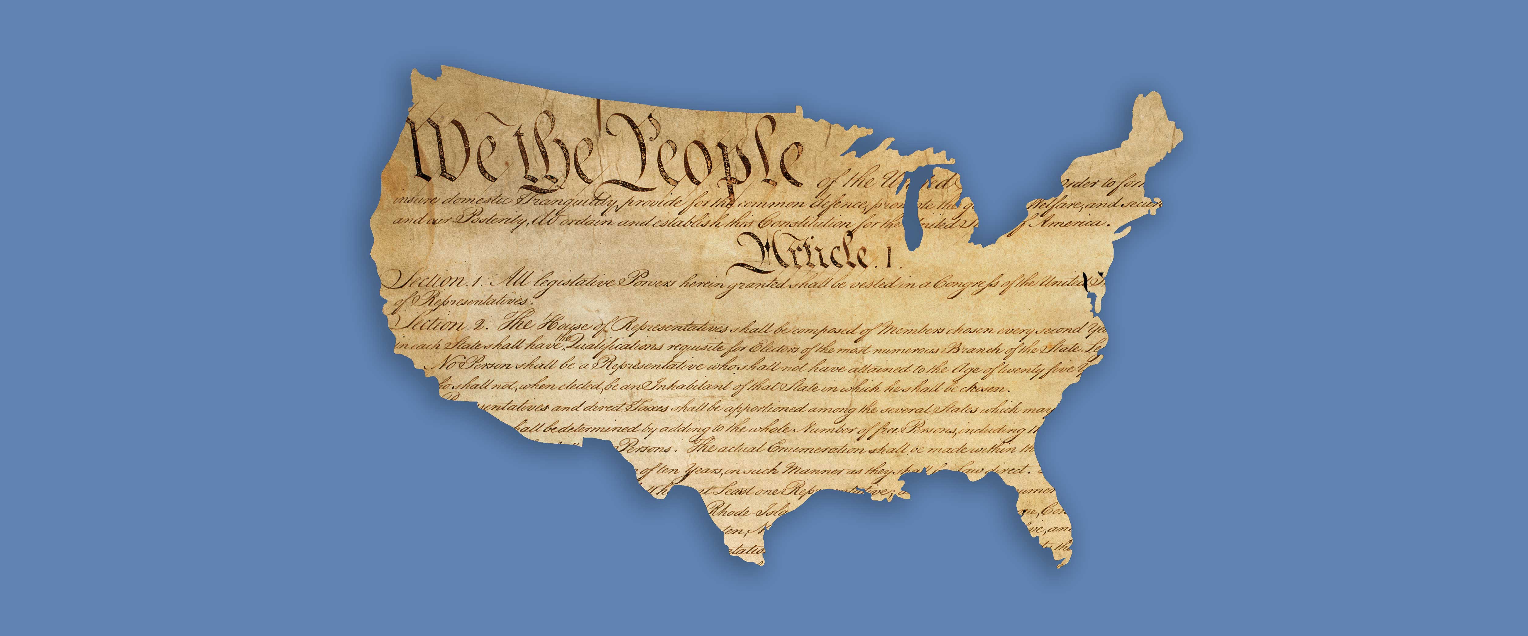 US constitution in shape of US map
