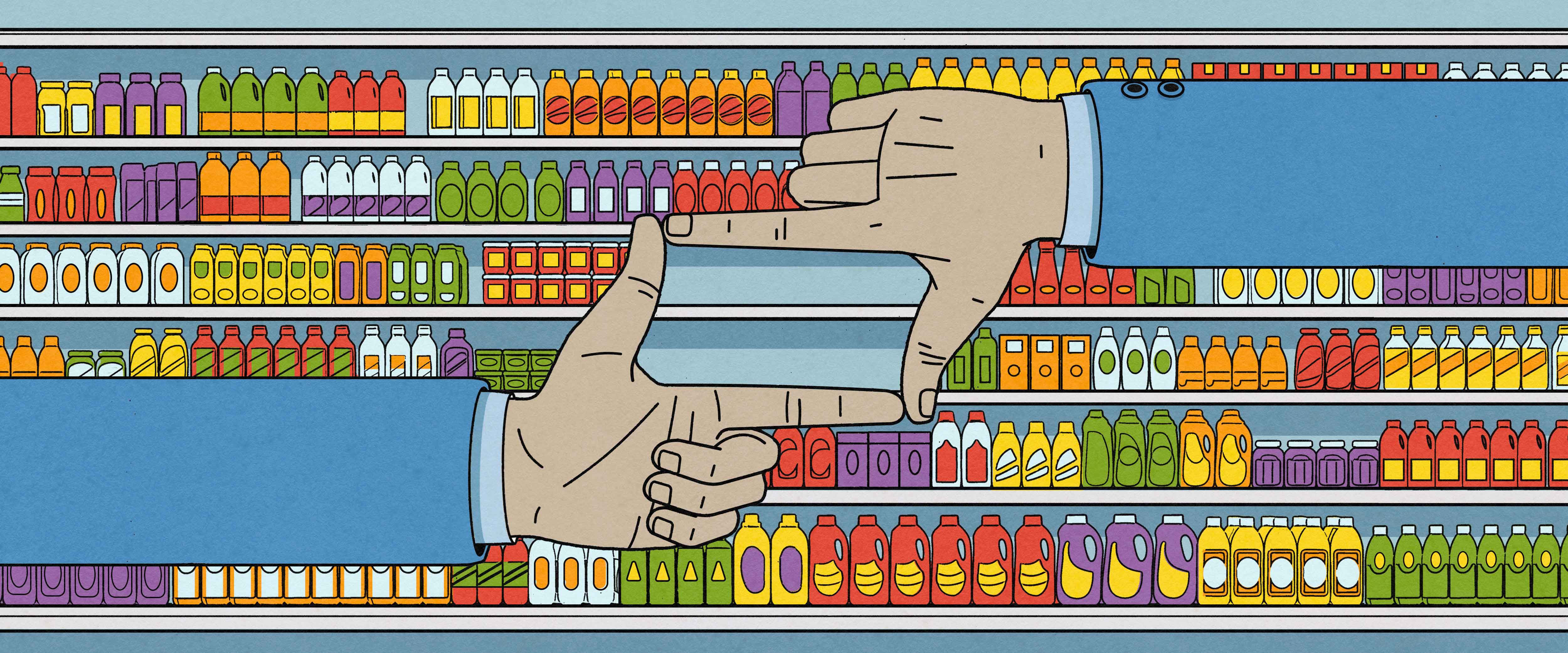 Hands framing empty space on grocery shelves