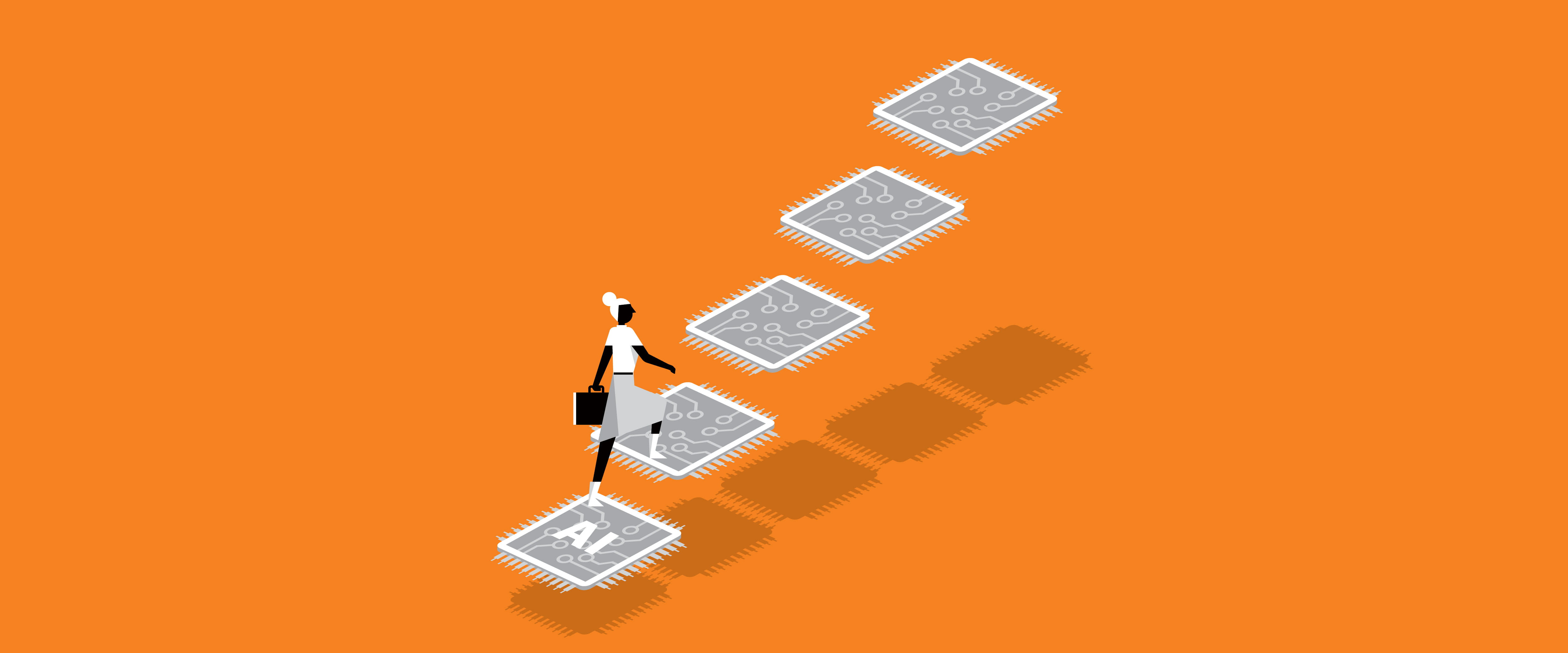 Woman ascending steps made of computer chips