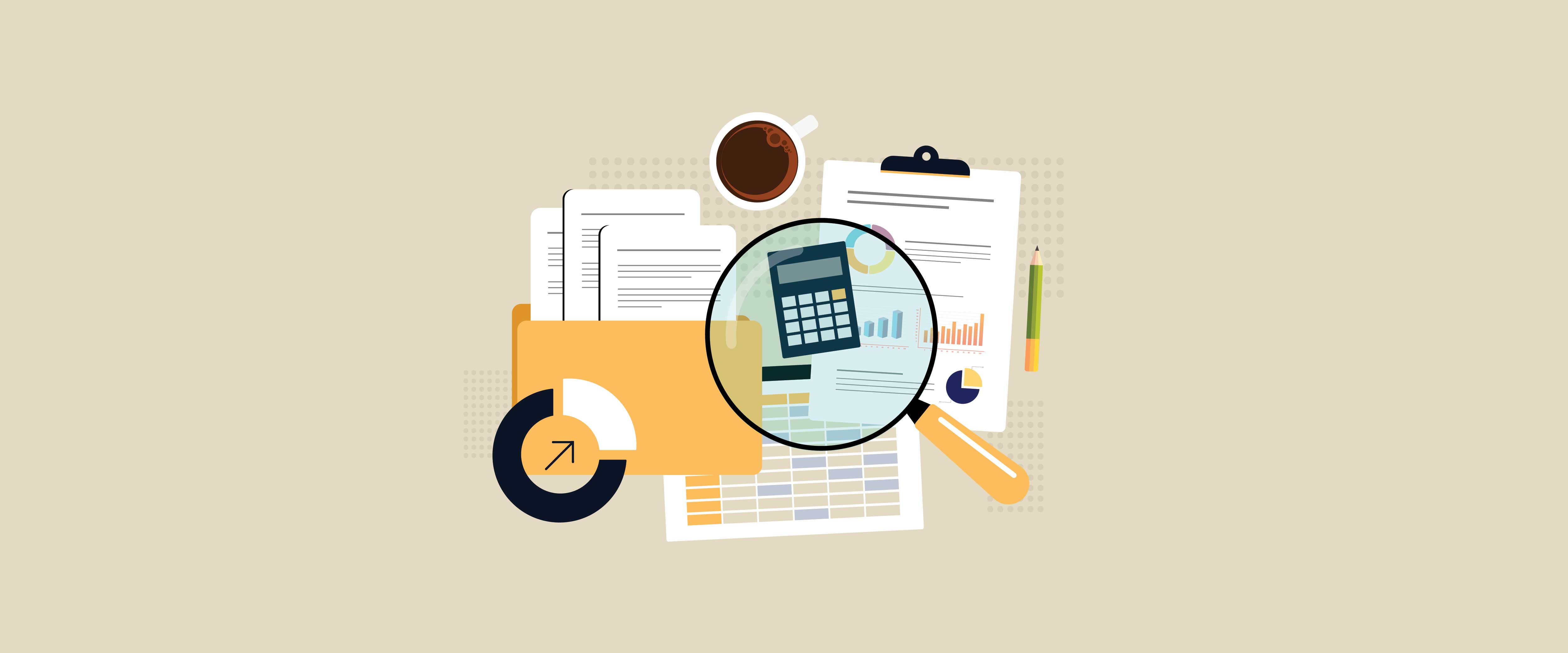 Financial documents and magnifying glass