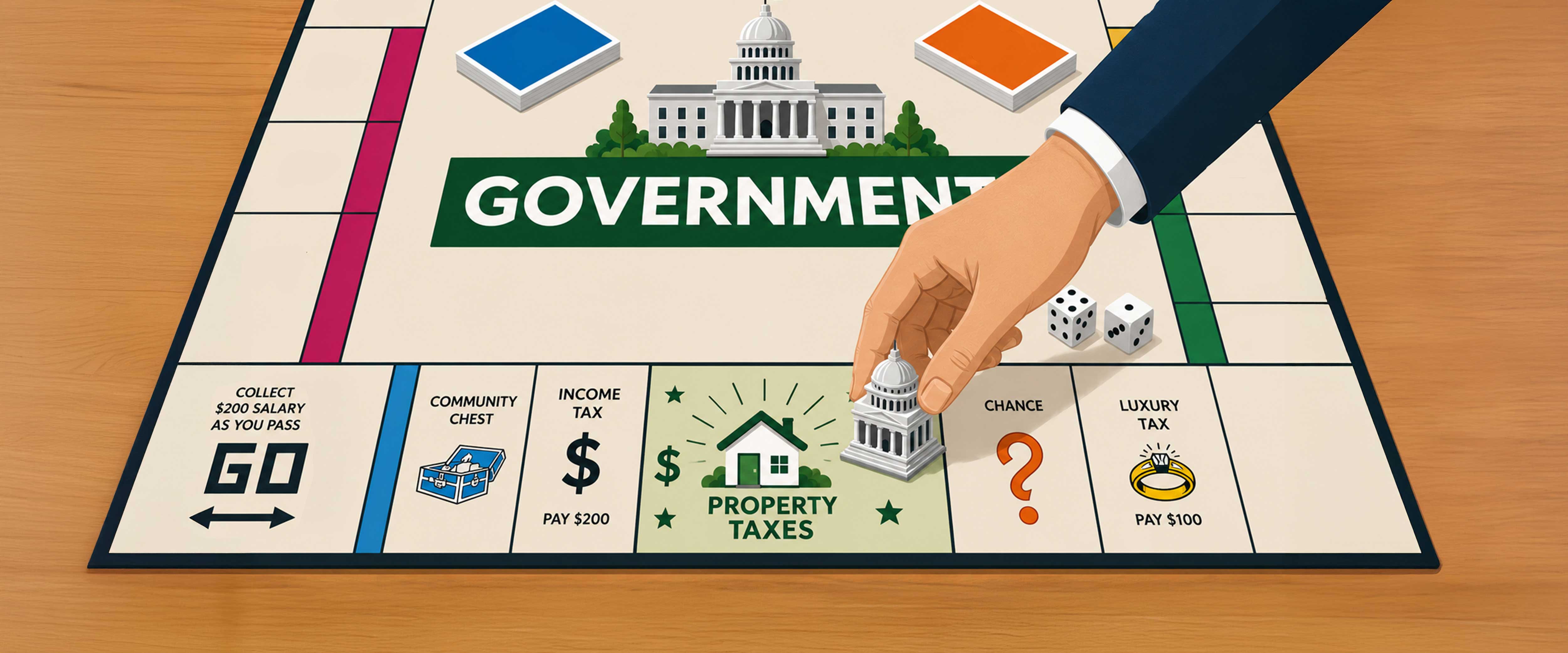 Monopoly board with property tax space