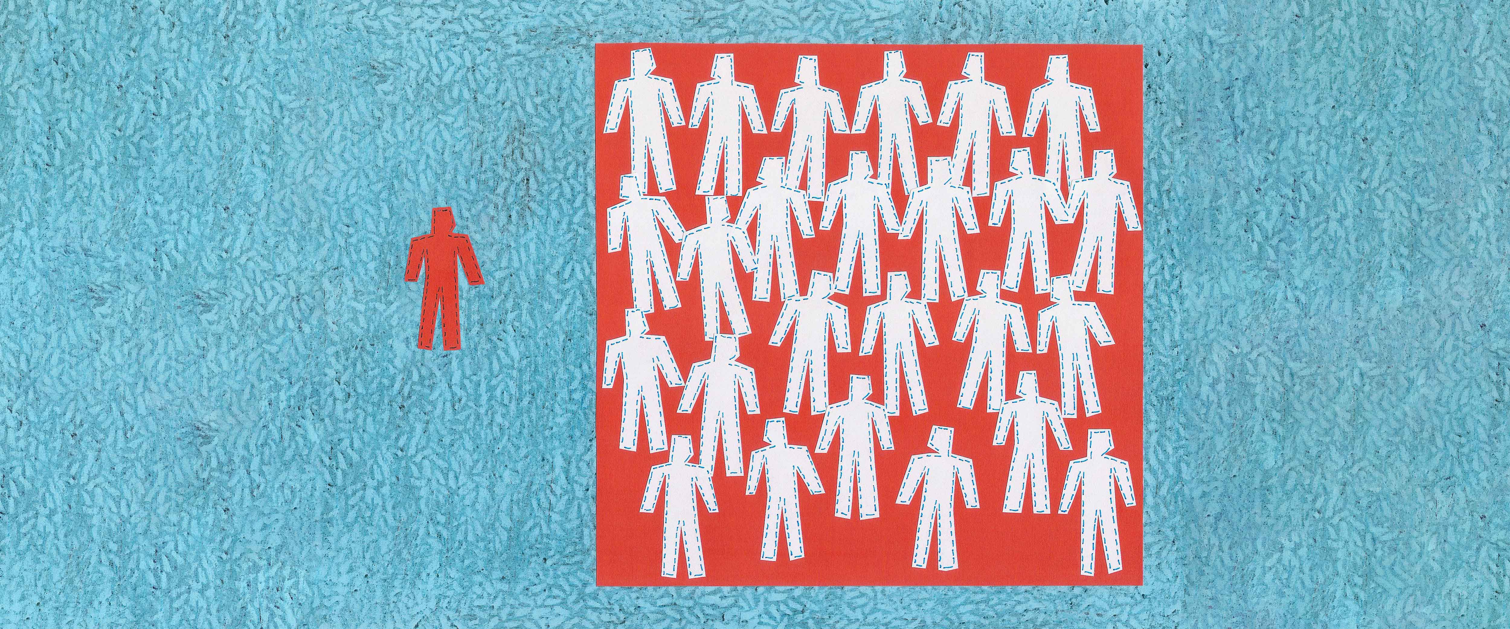 Red figure standing outside box full of white figures