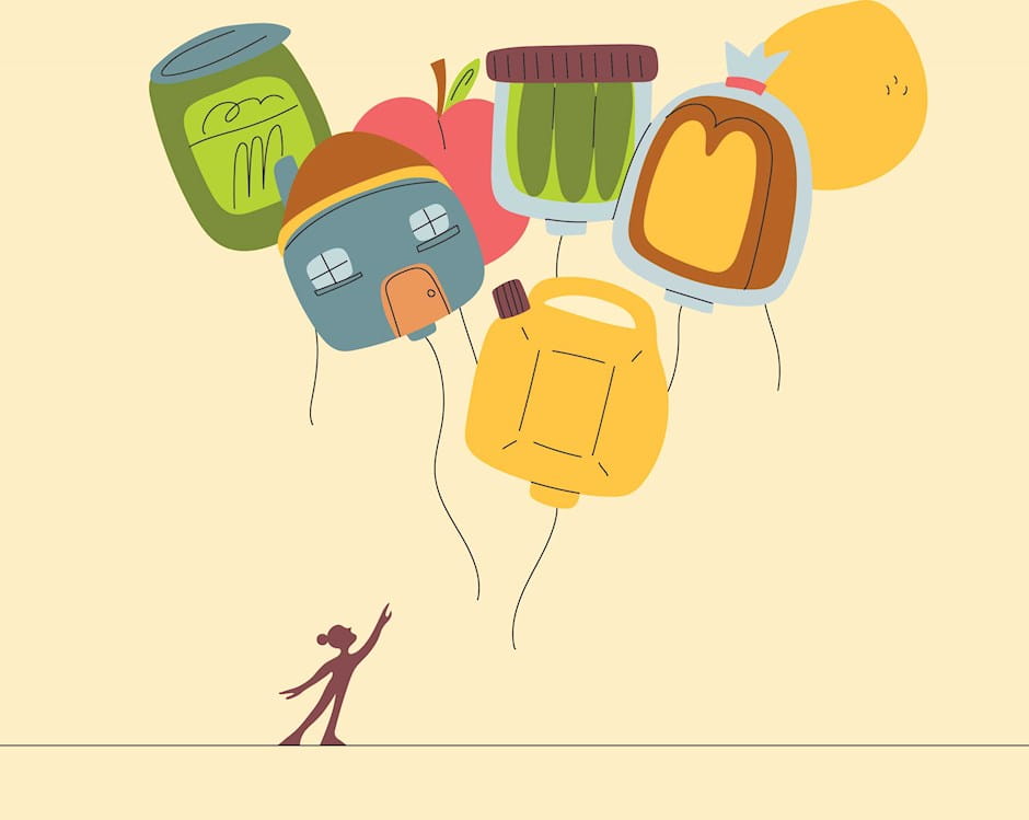 Person reaching for products inflated like balloons