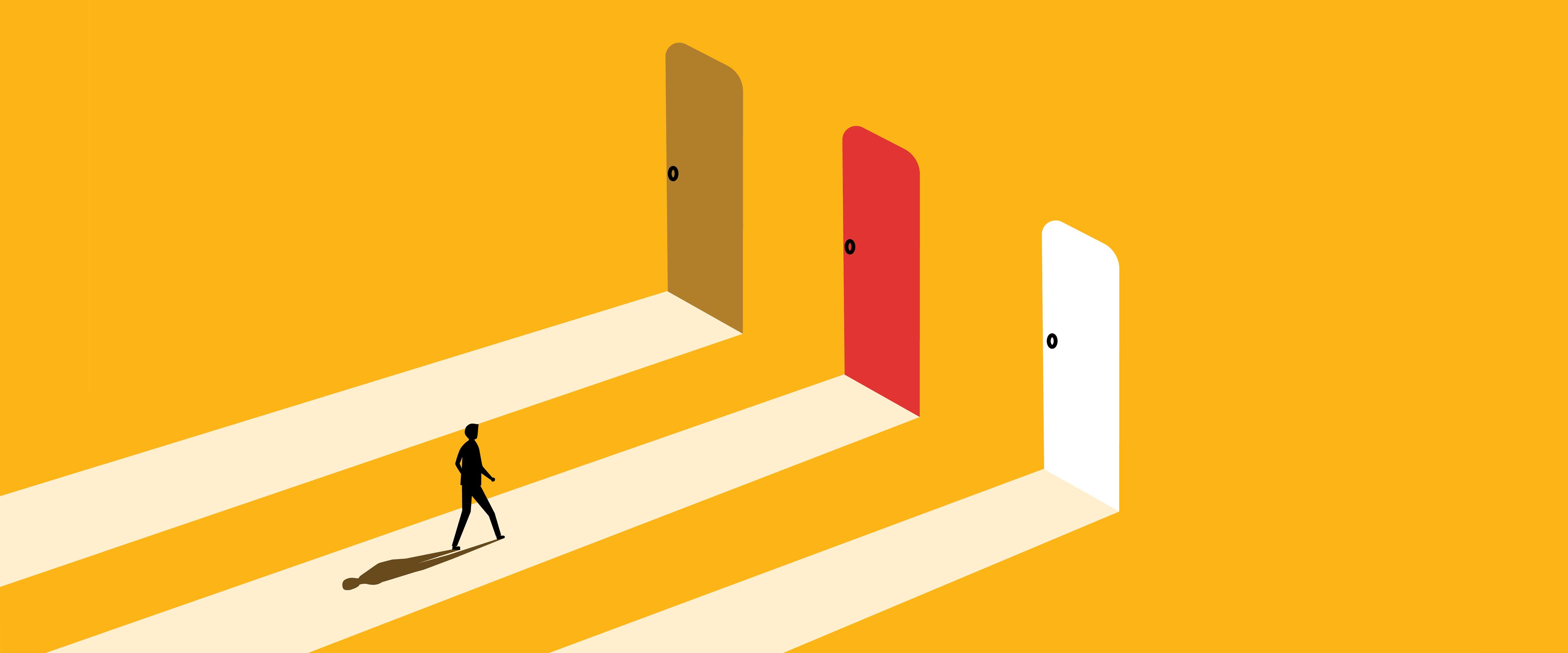 Person choosing among three doors
