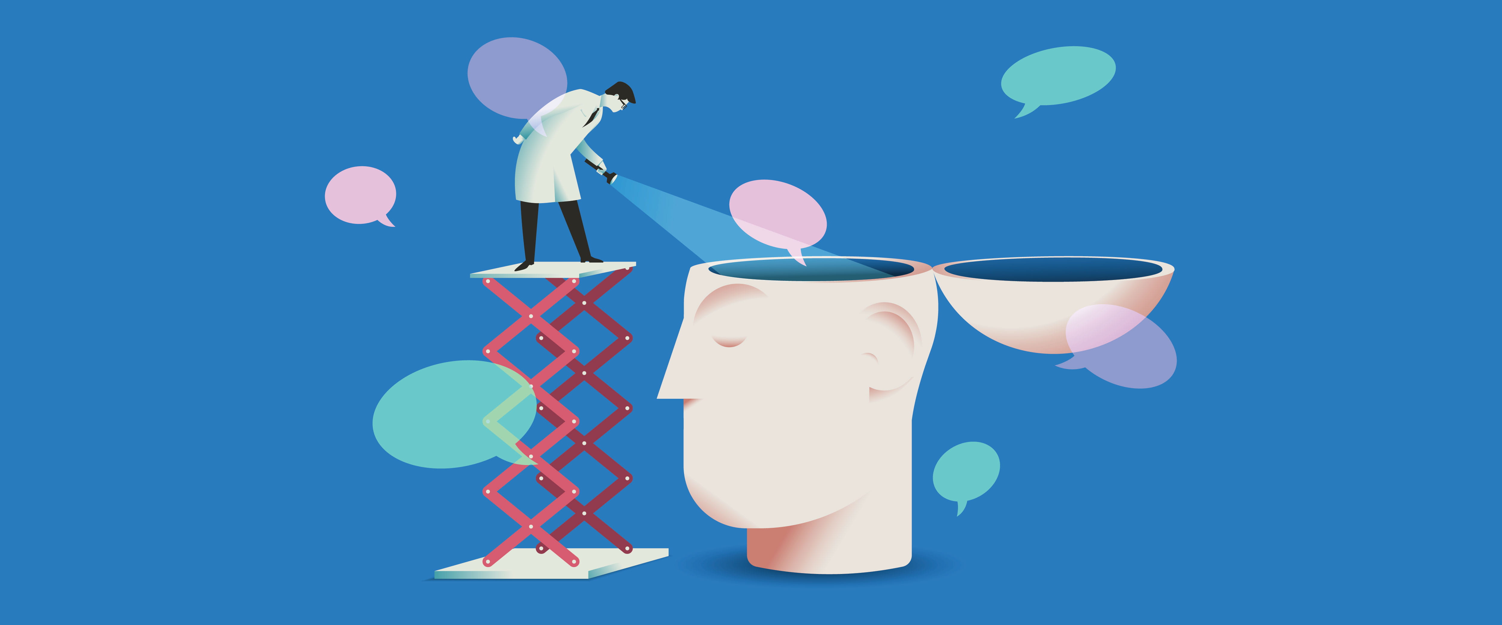 Scientist peering into head