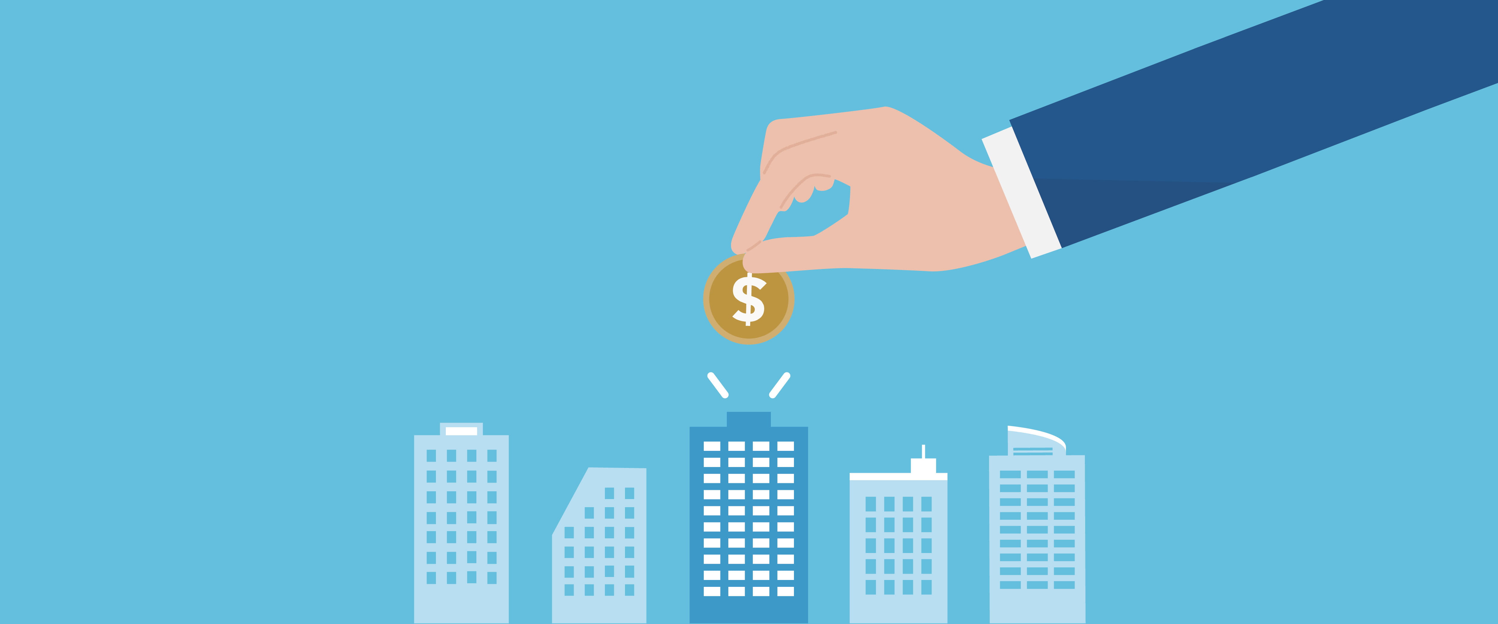 Hand putting coin in office building