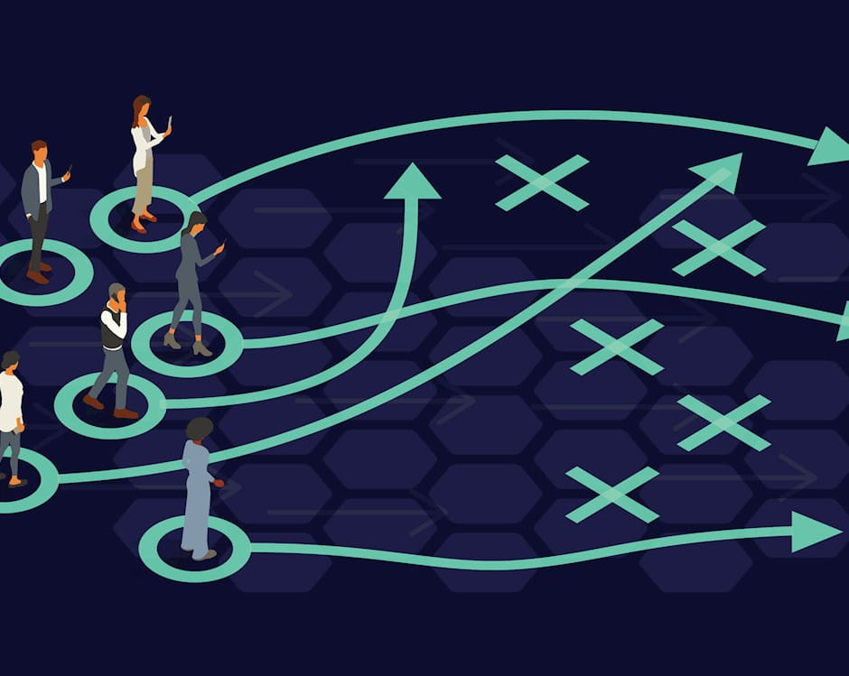 Workers following football-style play diagram