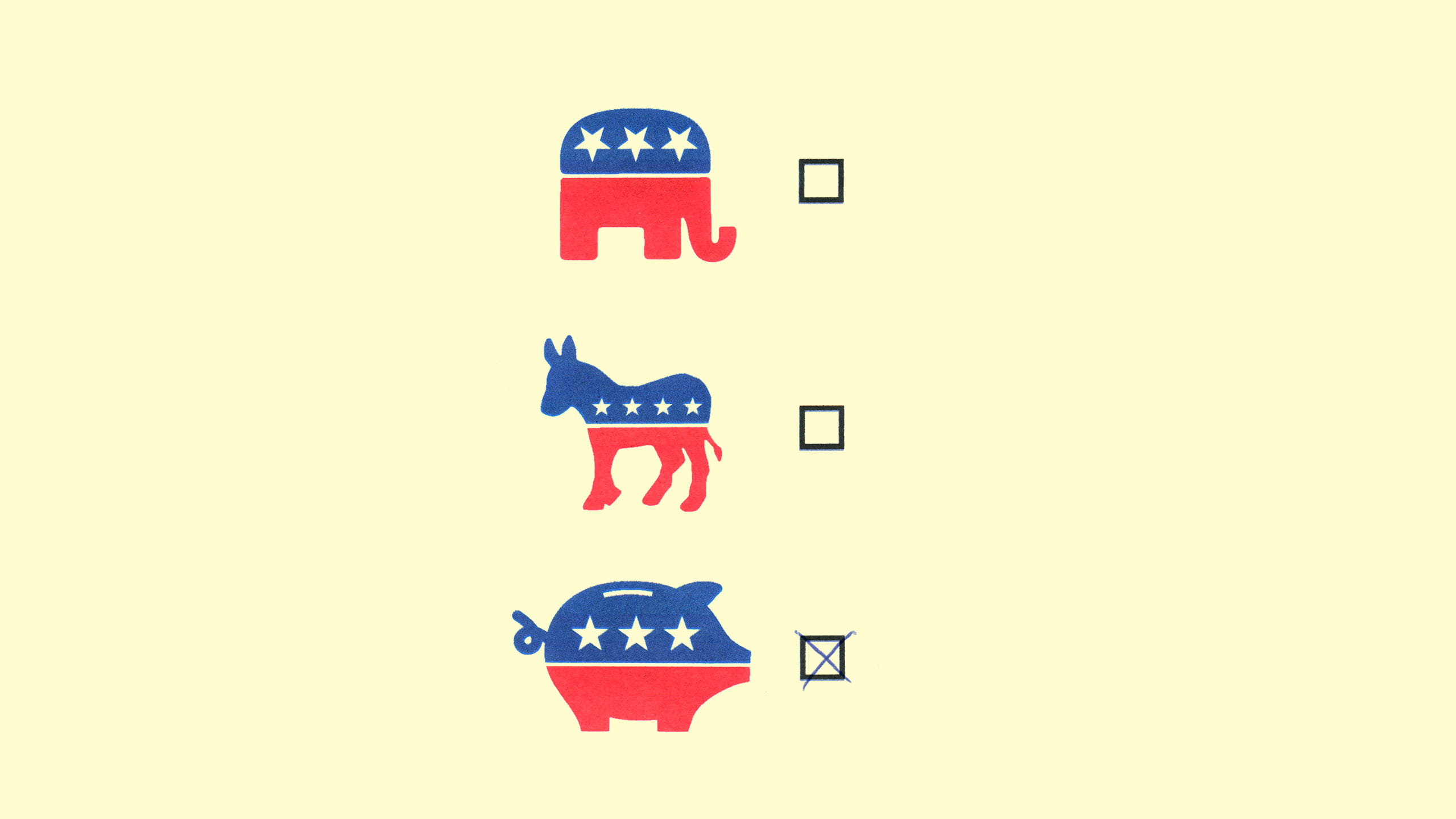 Ballot showing elephant, donkey, and piggy bank