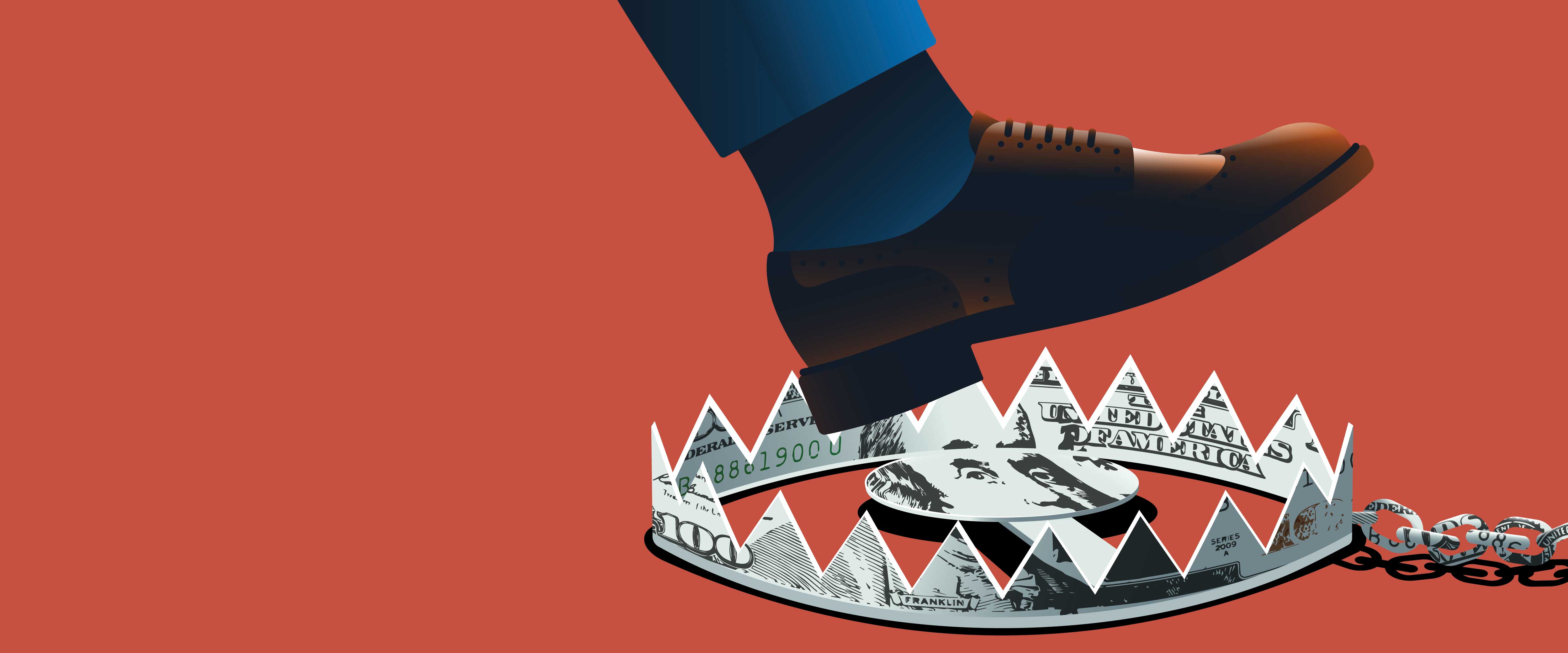 Foot stepping into bear trap made of dollars