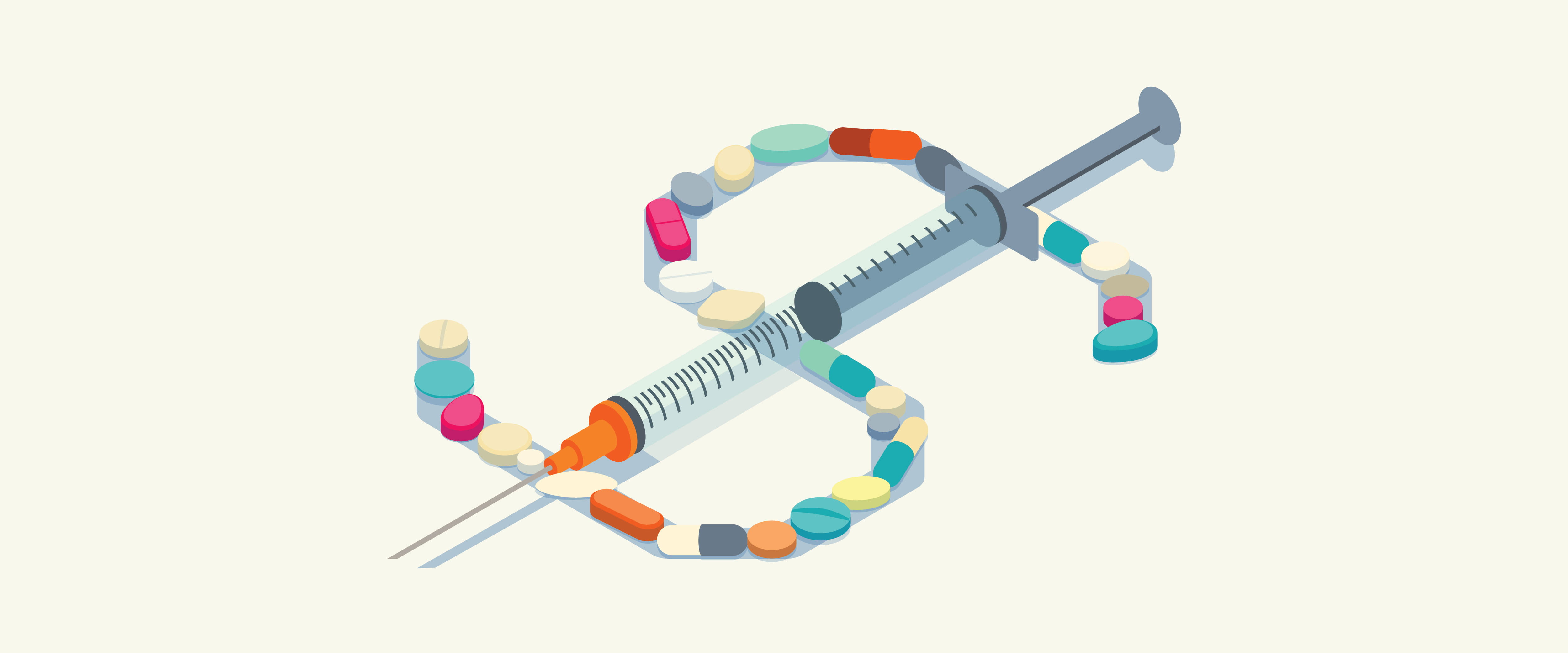 Dollar sign from pills and syringe