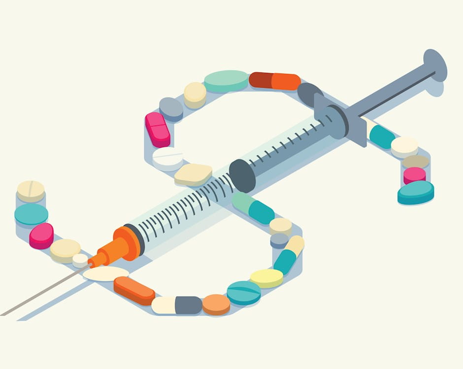 Dollar sign from pills and syringe