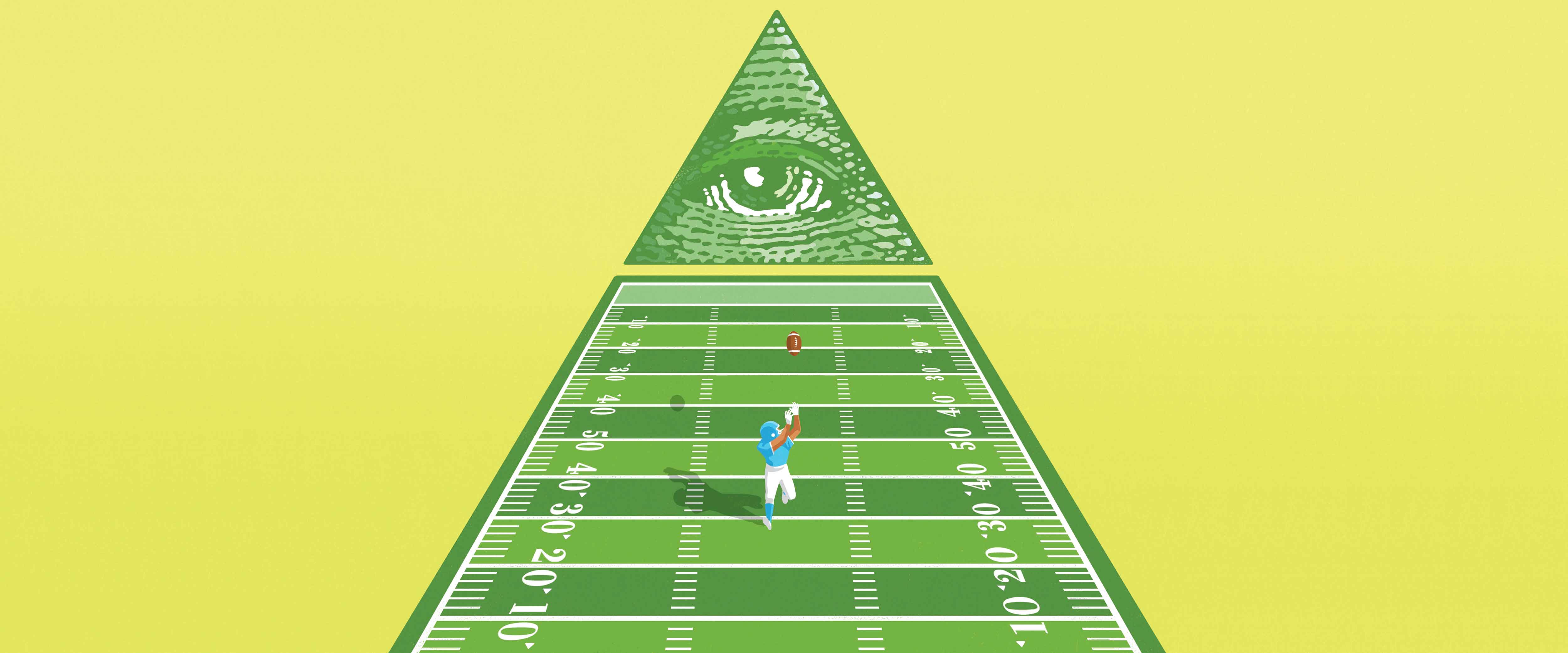 The eye from a dollar bill looks over a football field