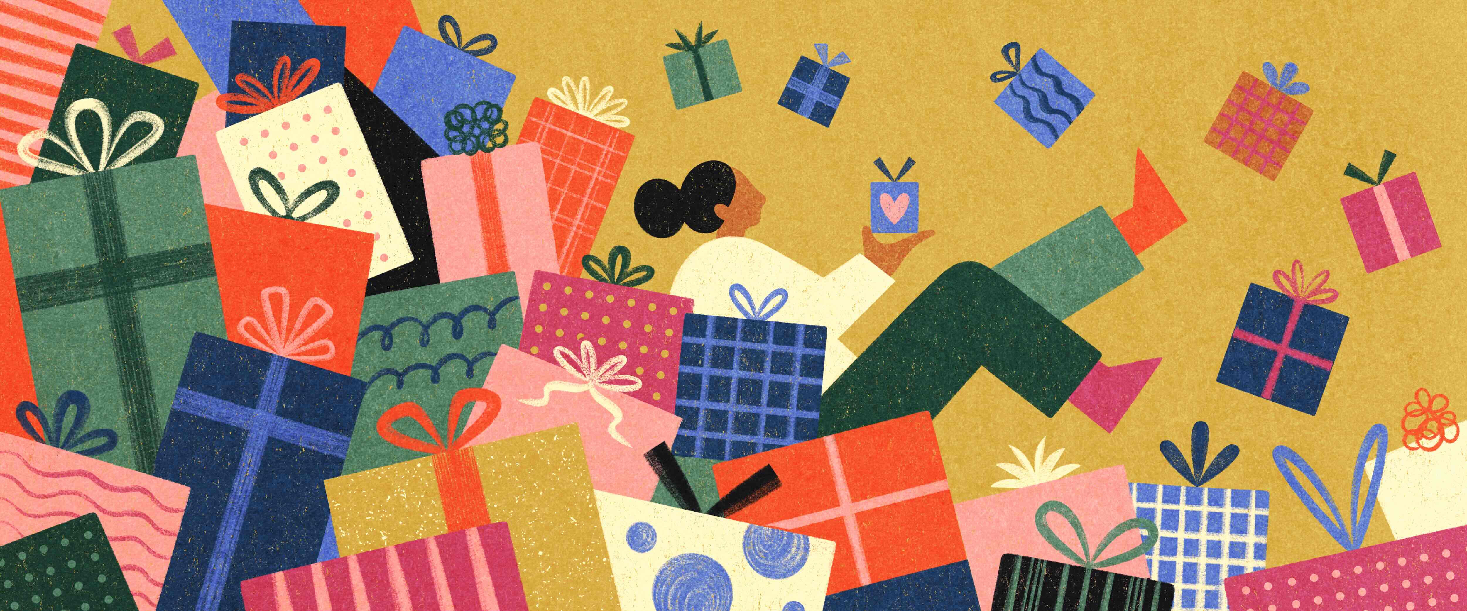 Woman on a mountain of gifts holding one special present