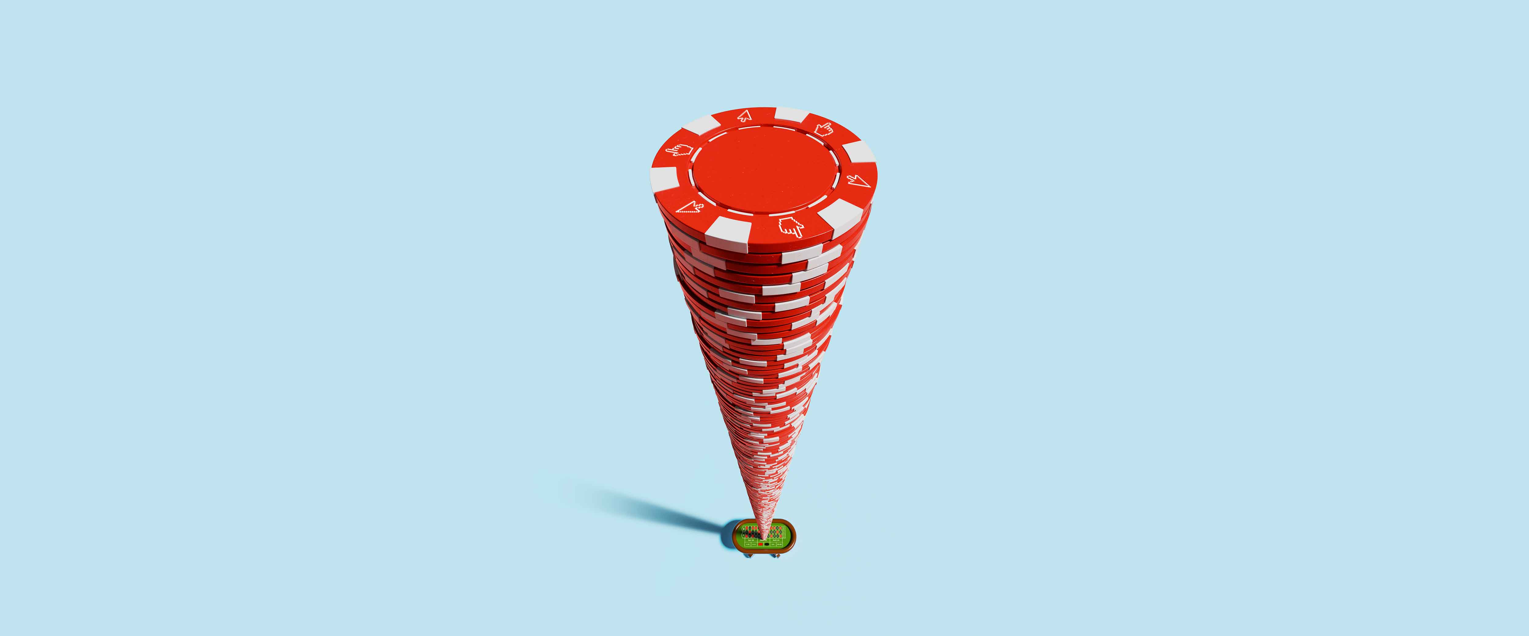 Huge stack of poker chips rising from gambling table