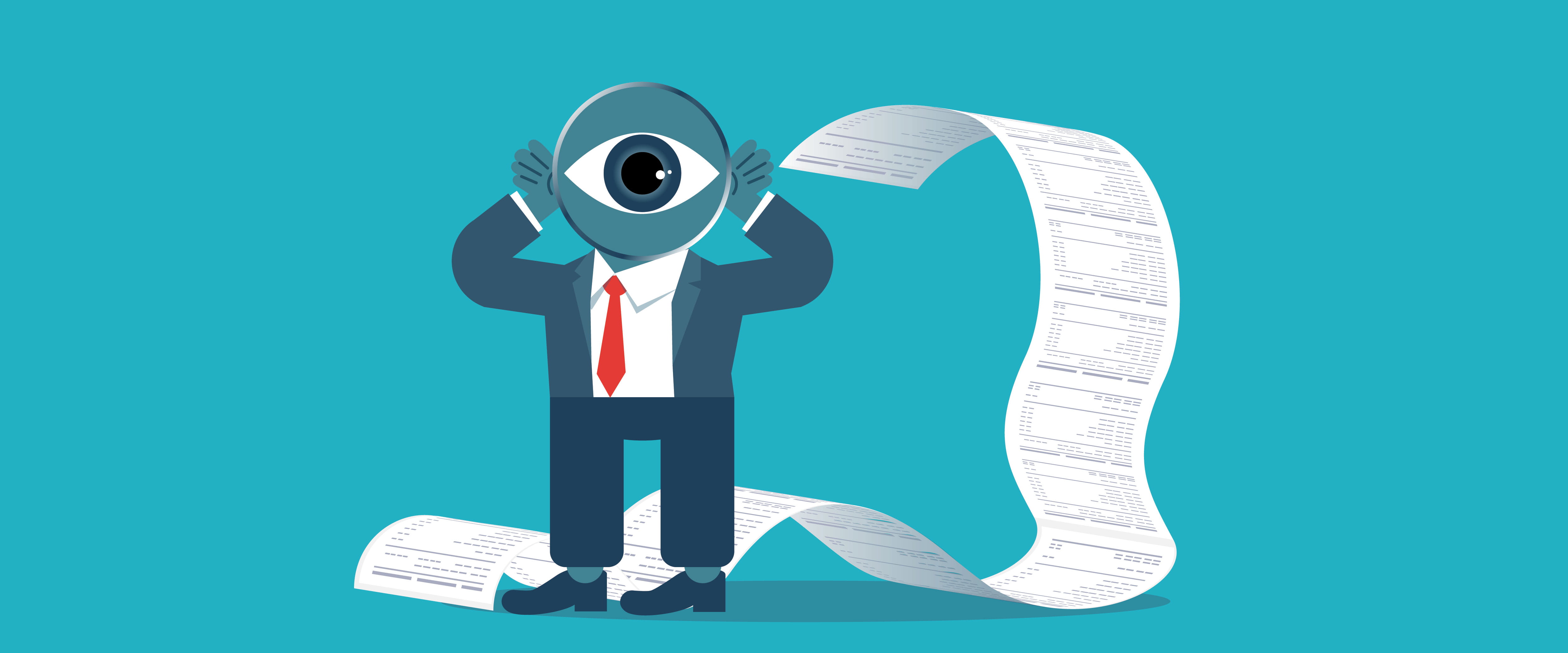 Man with giant eye examining paperwork