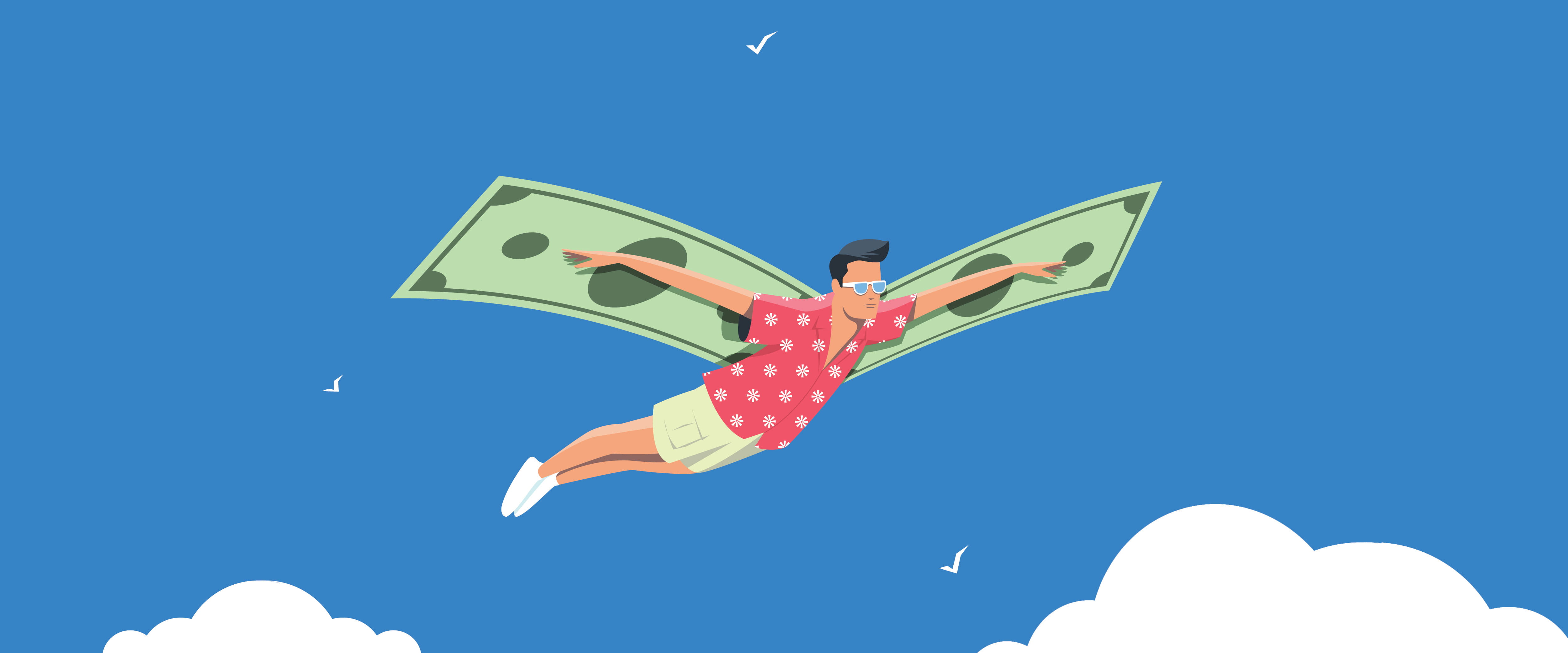 Man gliding with dollars for wings