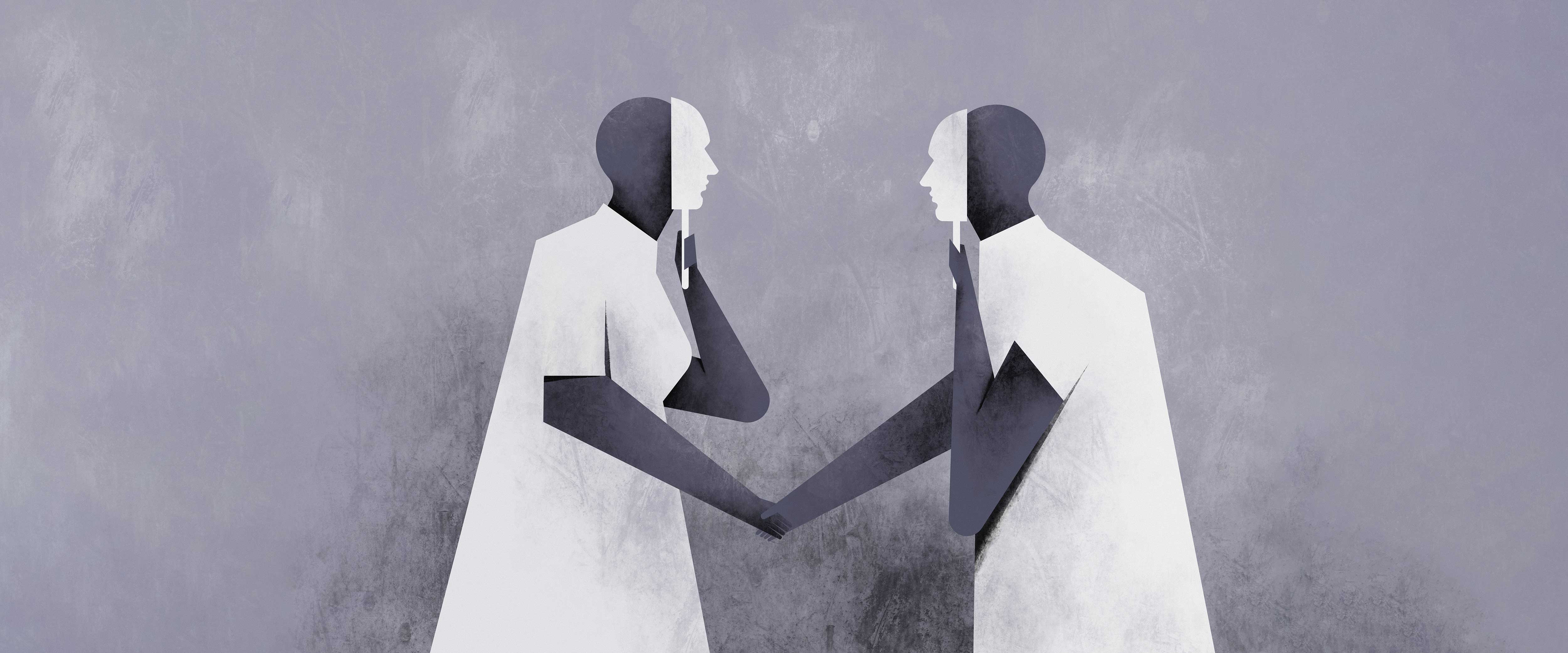 Masked people shaking hands