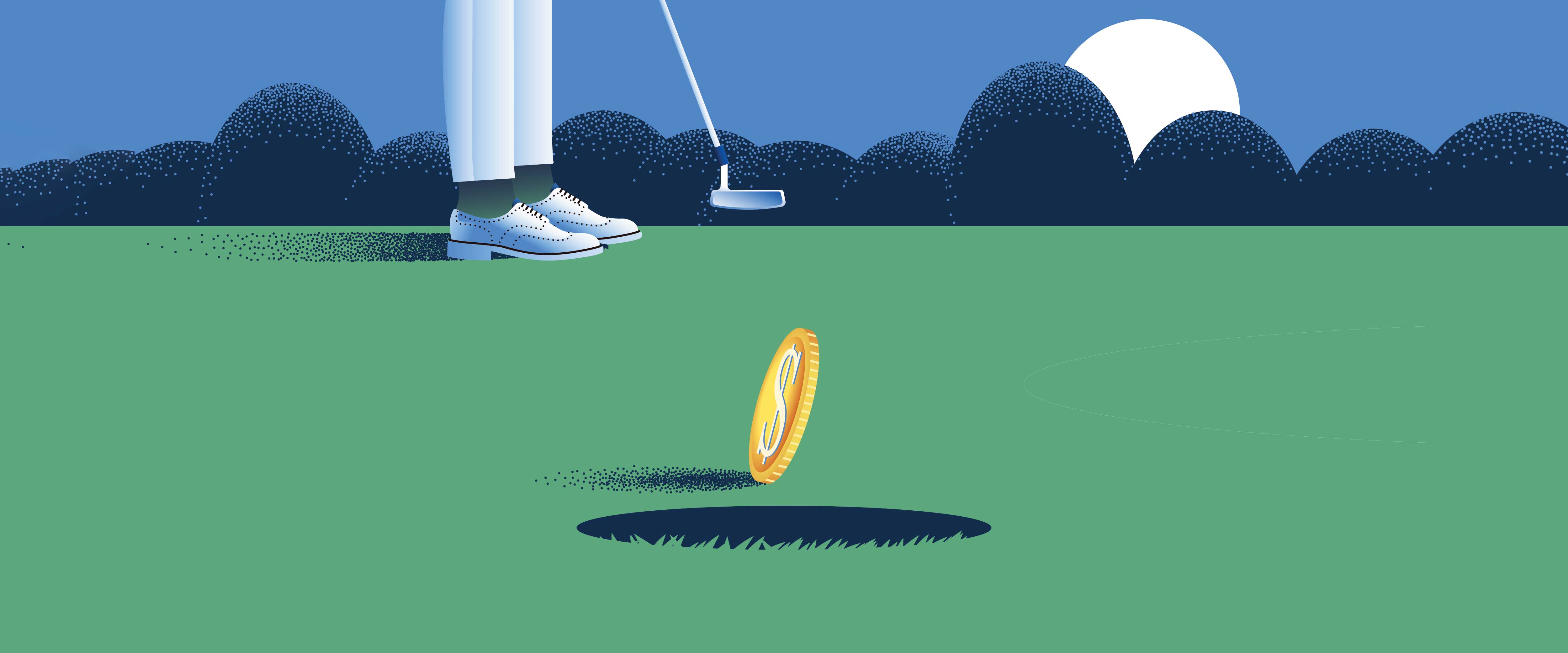 Person putting coin into golf hole