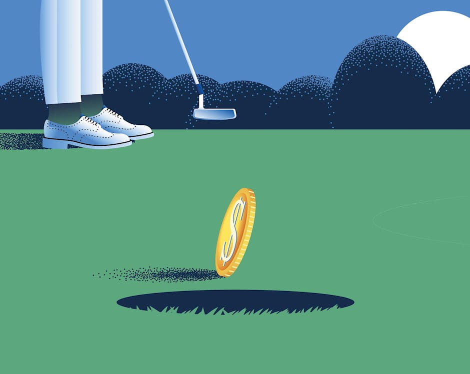 Person putting coin into golf hole