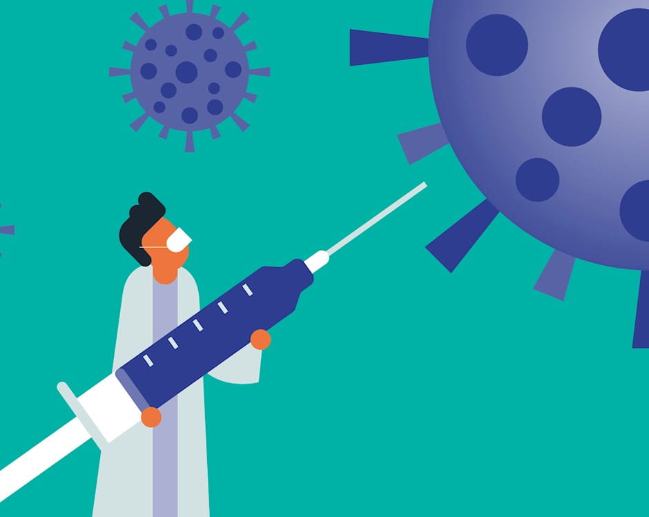 Doctor holding a syringe up to a coronavirus ball